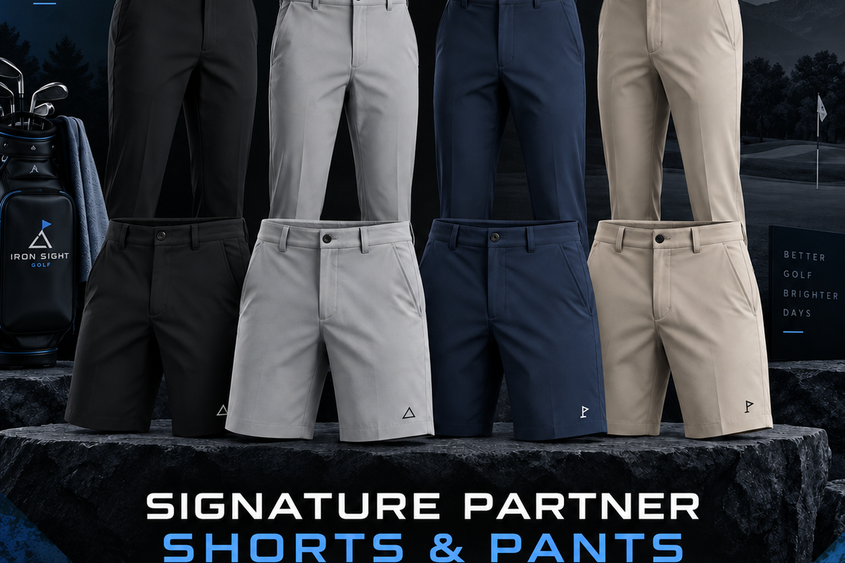 Iron Sight Golf Signature Partner Shorts and Pants collection featuring performance golf shorts and pants