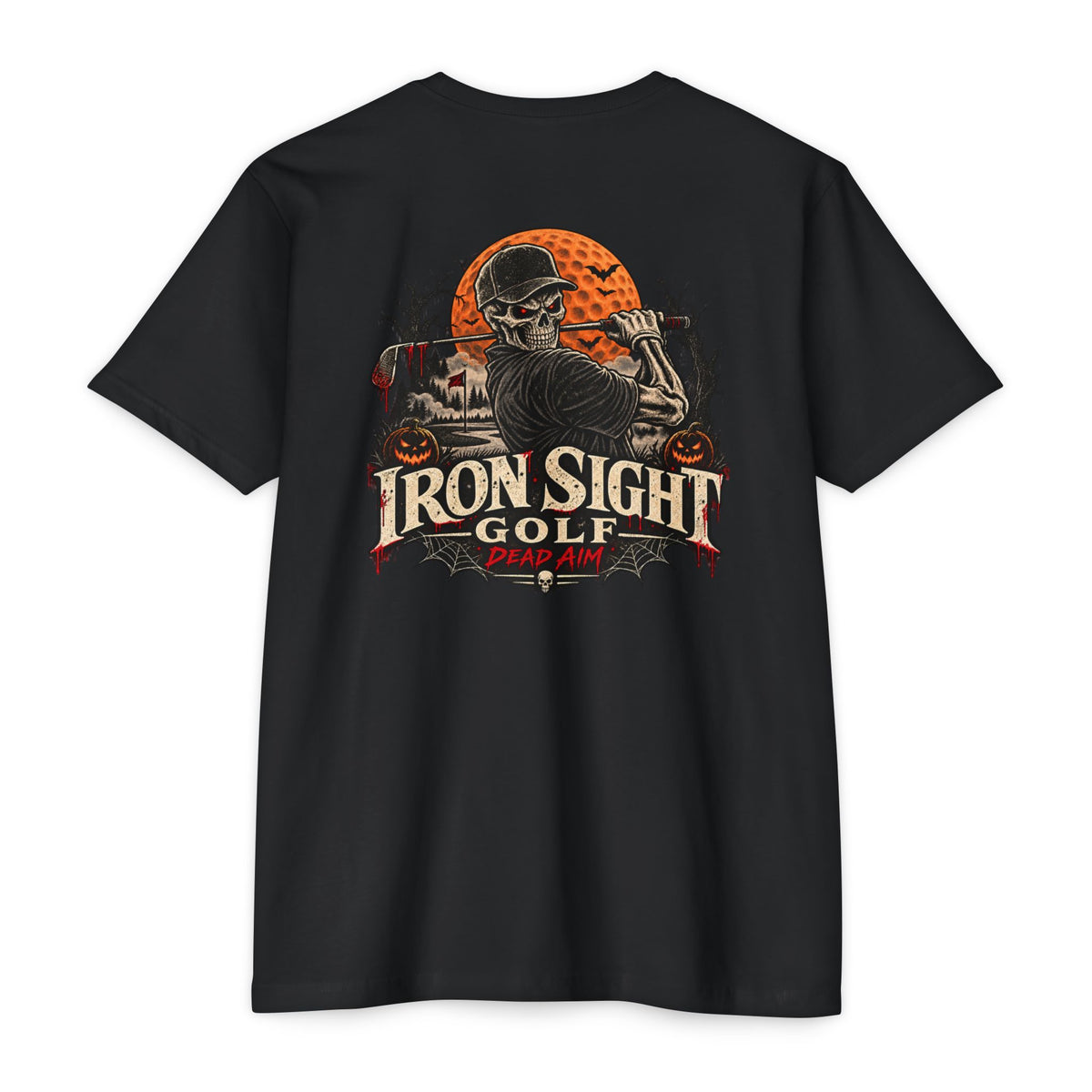 Dead Aim Skeleton Halloween golf T-shirt with orange moon graphic