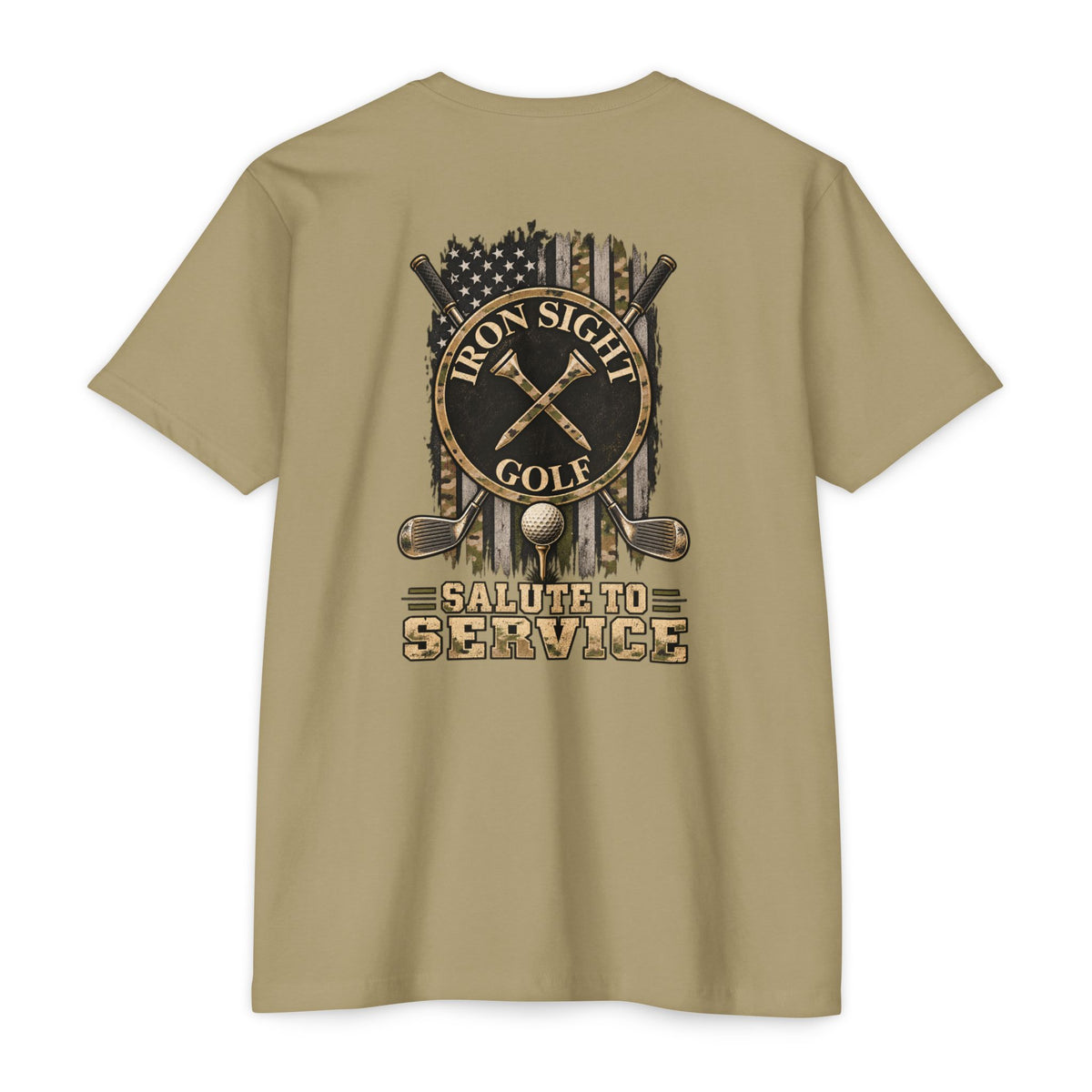 Iron Sight Golf Salute to Service T-shirt with military-inspired golf graphics