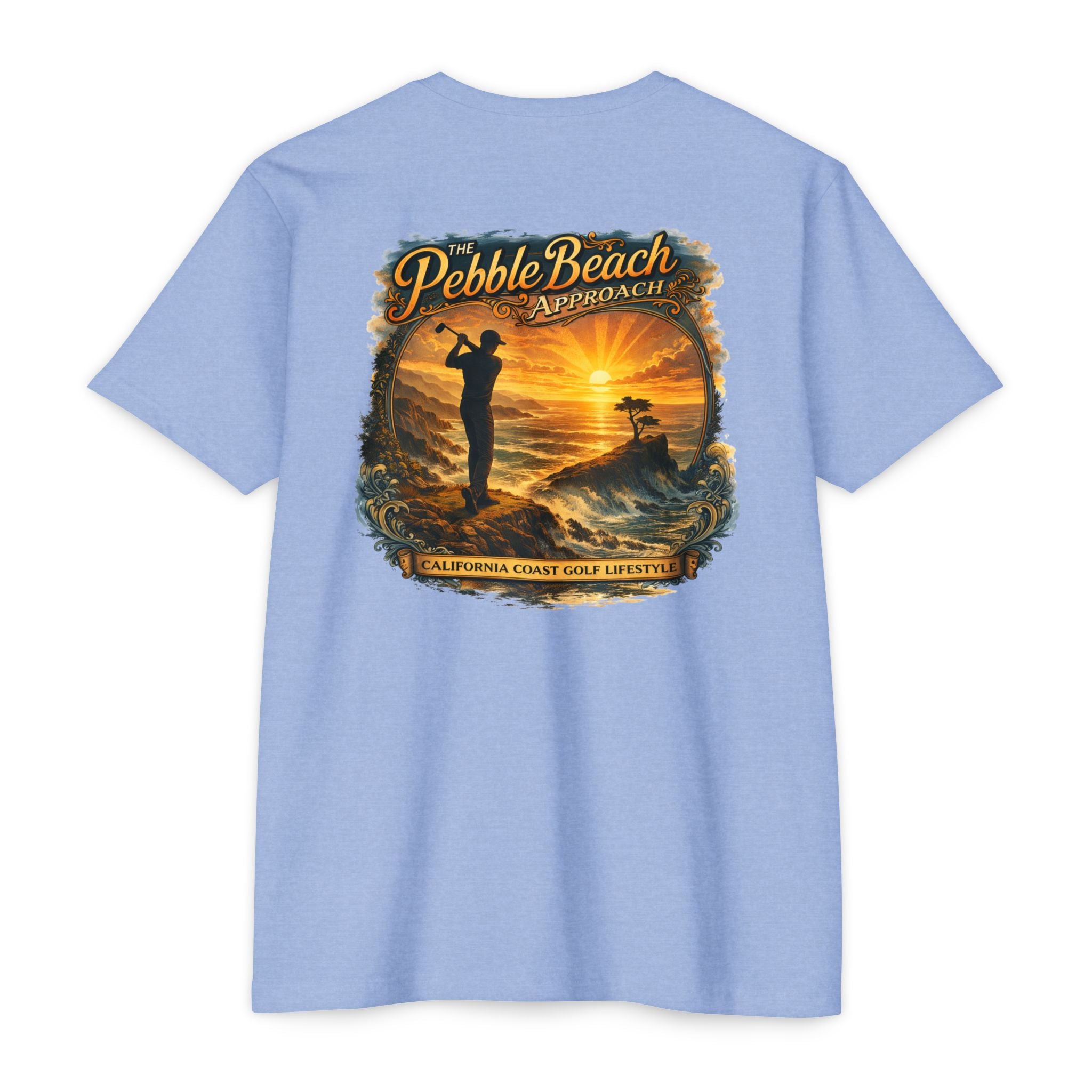 Pebble Beach Approach California coast golf lifestyle T-shirt by Iron Sight Golf