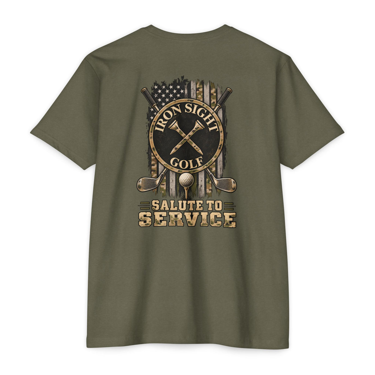 Iron Sight Golf Salute to Service T-shirt with military-inspired golf graphics