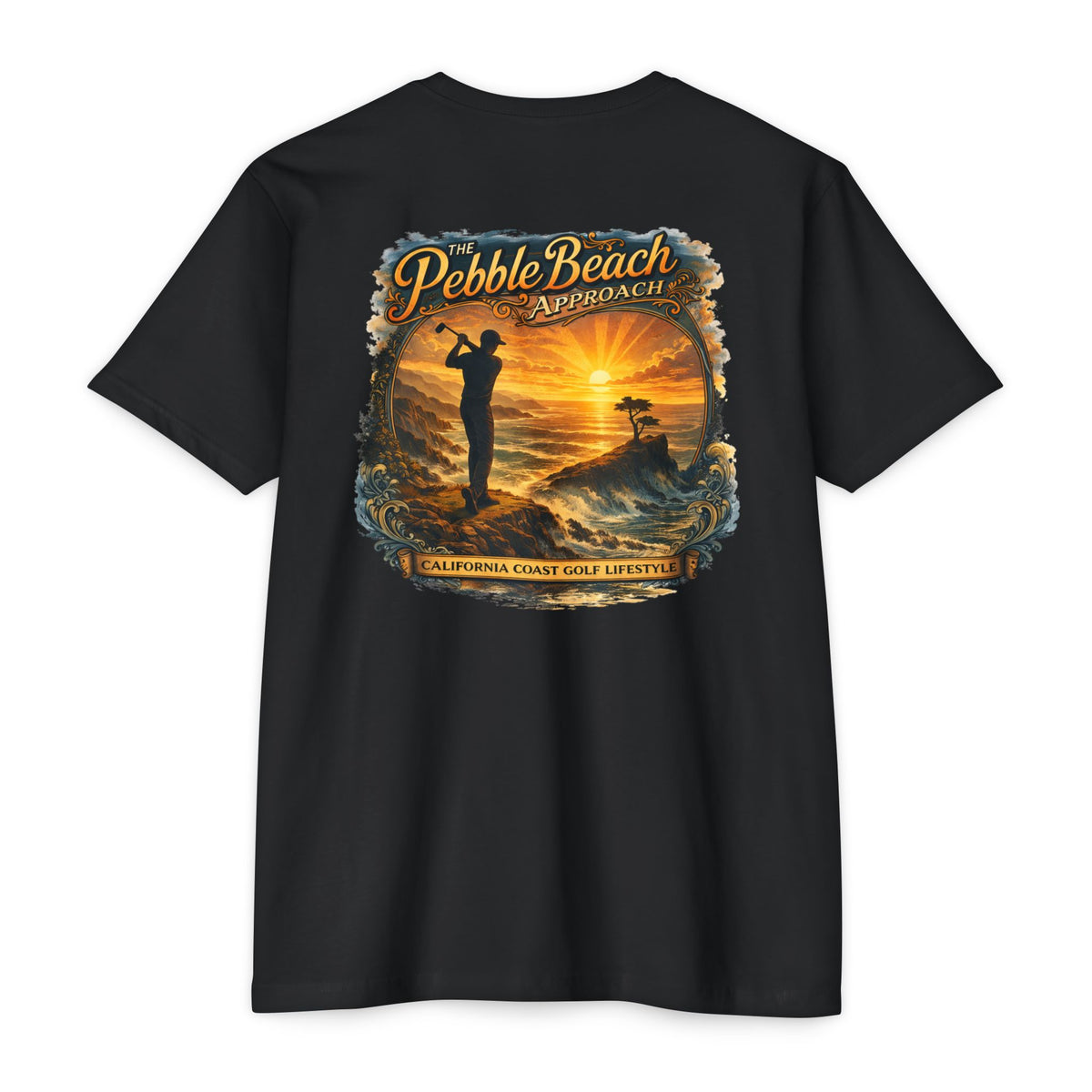 Pebble Beach Approach California coast golf lifestyle T-shirt by Iron Sight Golf