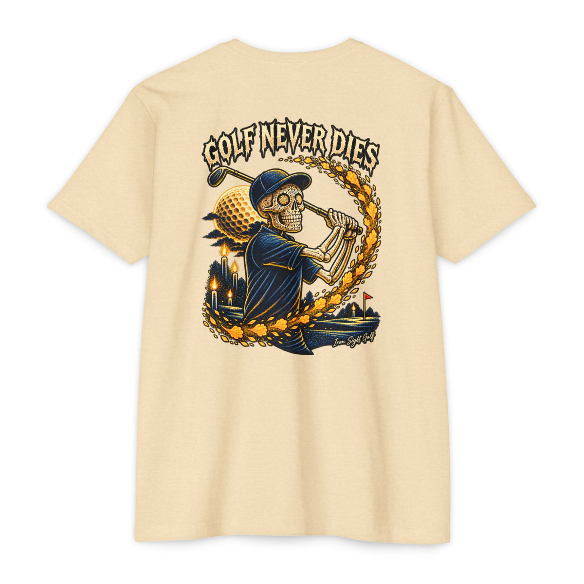 Golf Never Dies skull golfer T-shirt – alternate product view 3