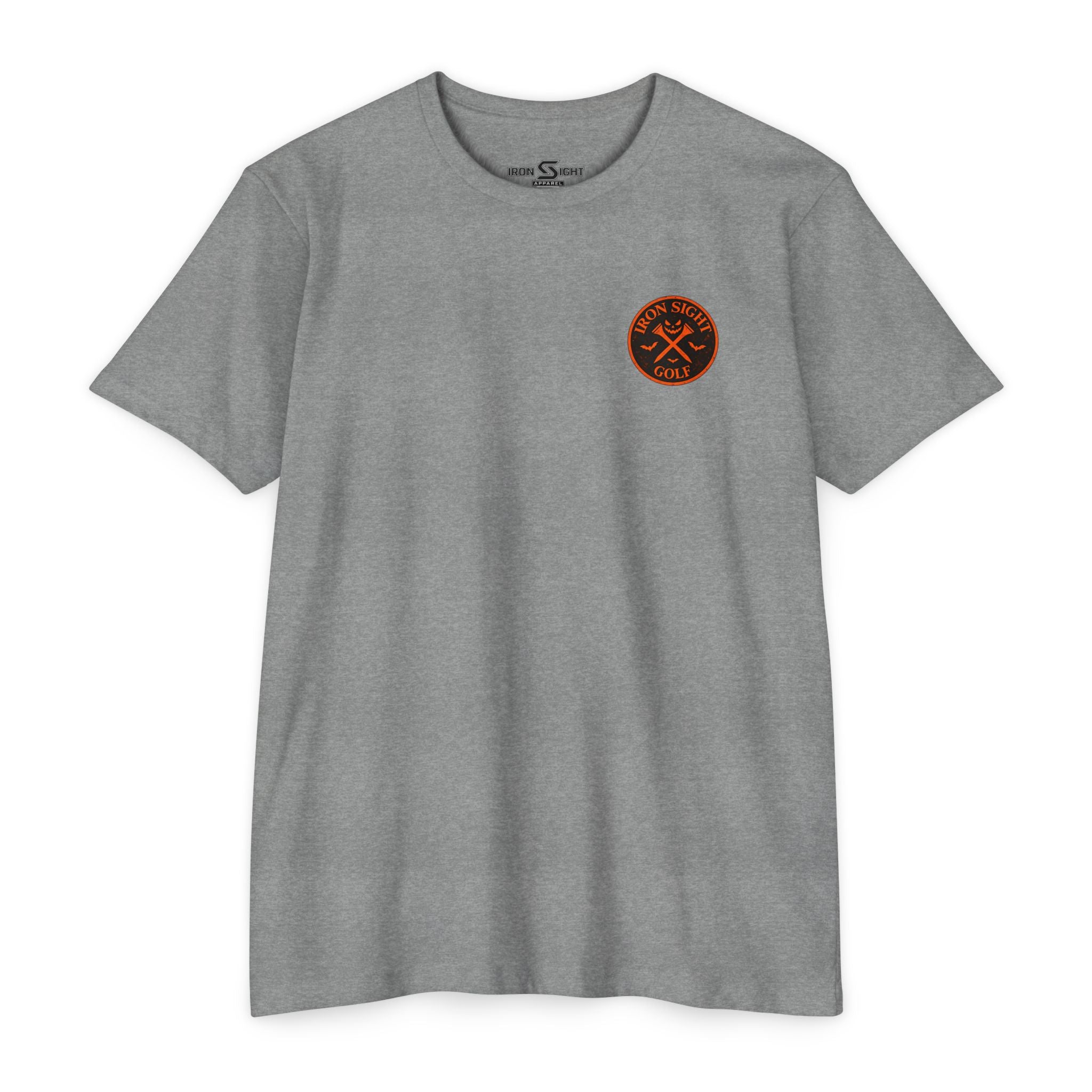 Dead Aim Skeleton Halloween golf T-shirt with orange moon graphic