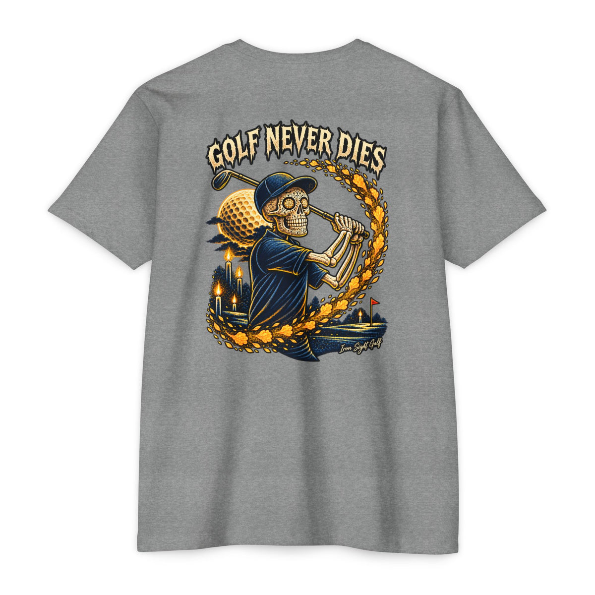 Golf Never Dies skull golfer T-shirt – alternate product view 2