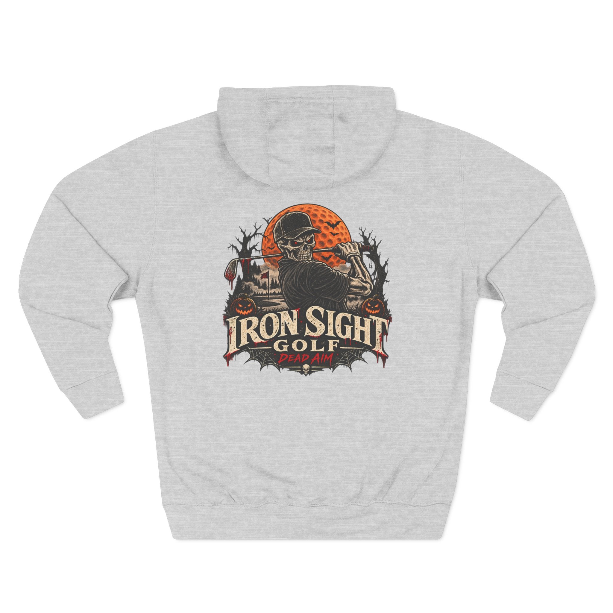 Dead Aim Halloween golf hoodie with skeleton graphic