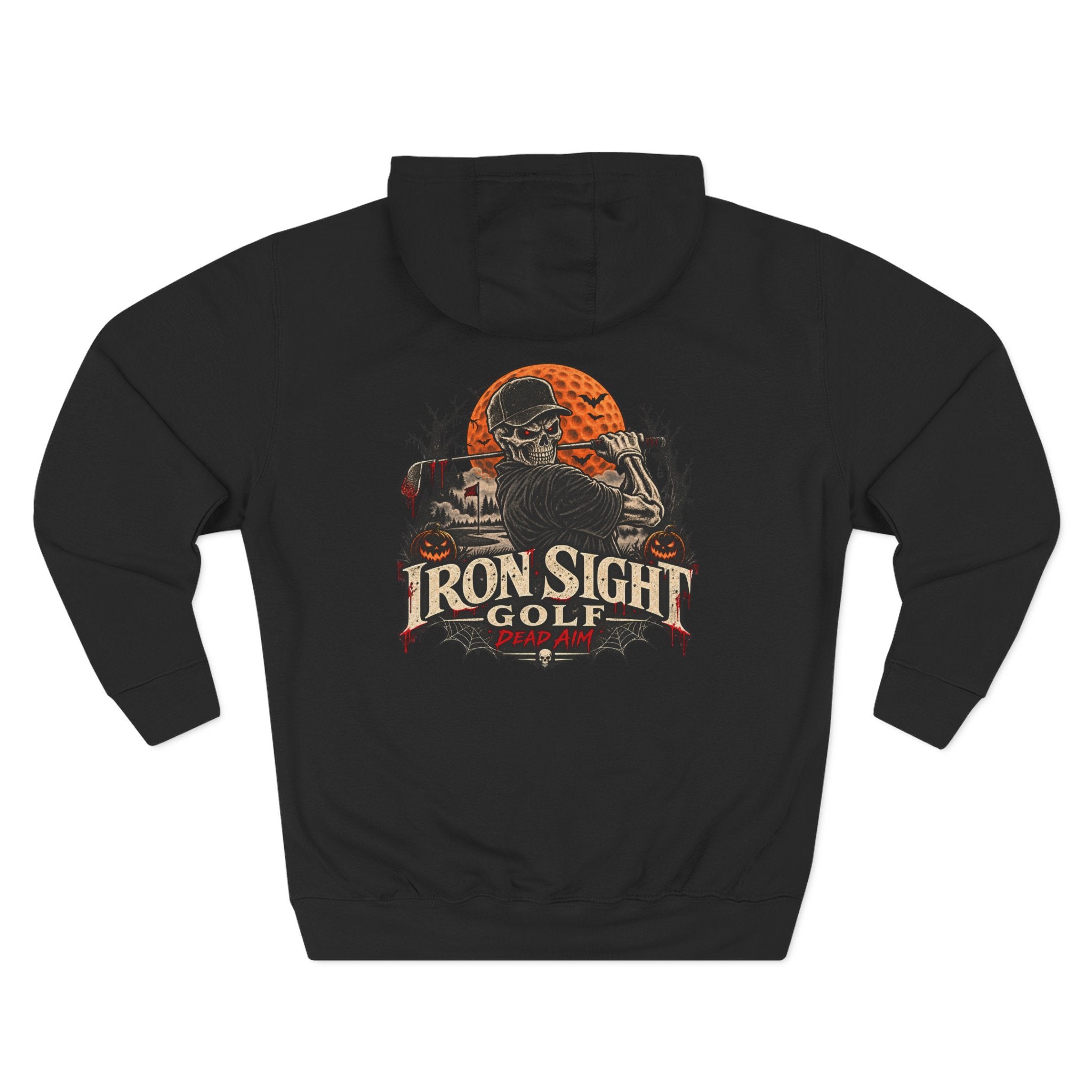 Dead Aim Halloween golf hoodie with skeleton graphic