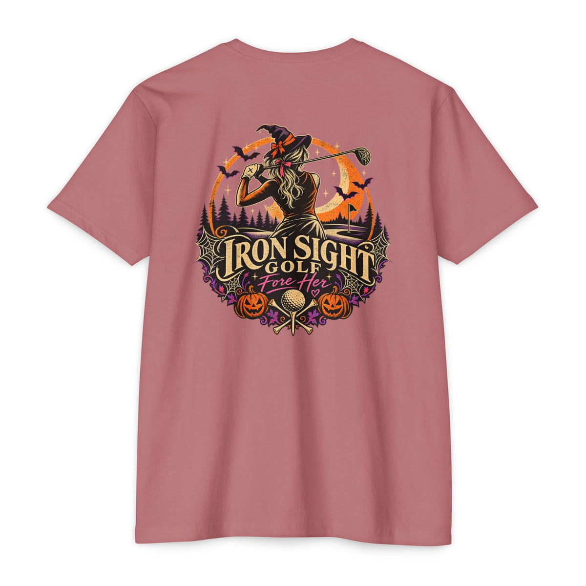 Trick or Tee Halloween golf T-shirt with witch and pumpkin graphic