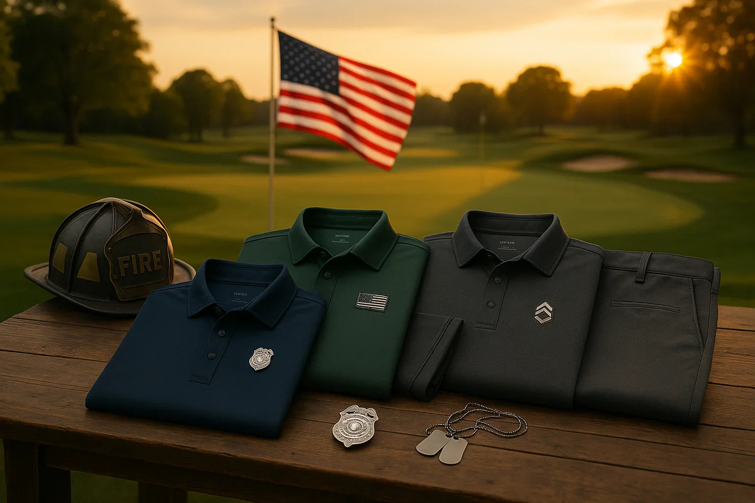 Golf polos for first responders and veterans with badges, helmet, and dog tags on golf course backdrop