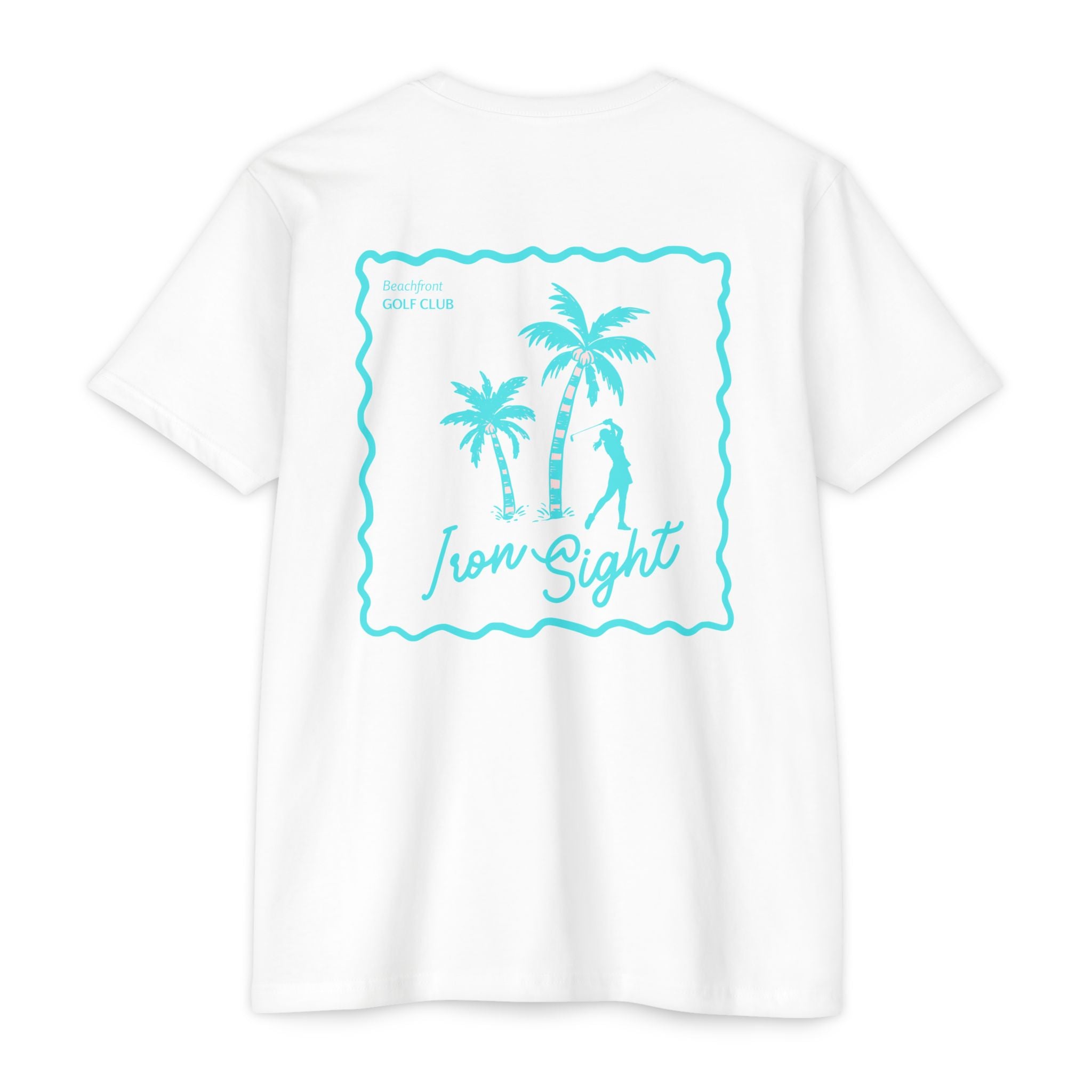 Beachfront Golf Club Stamp T-Shirt with Female Golfer Tropical Design - image 3