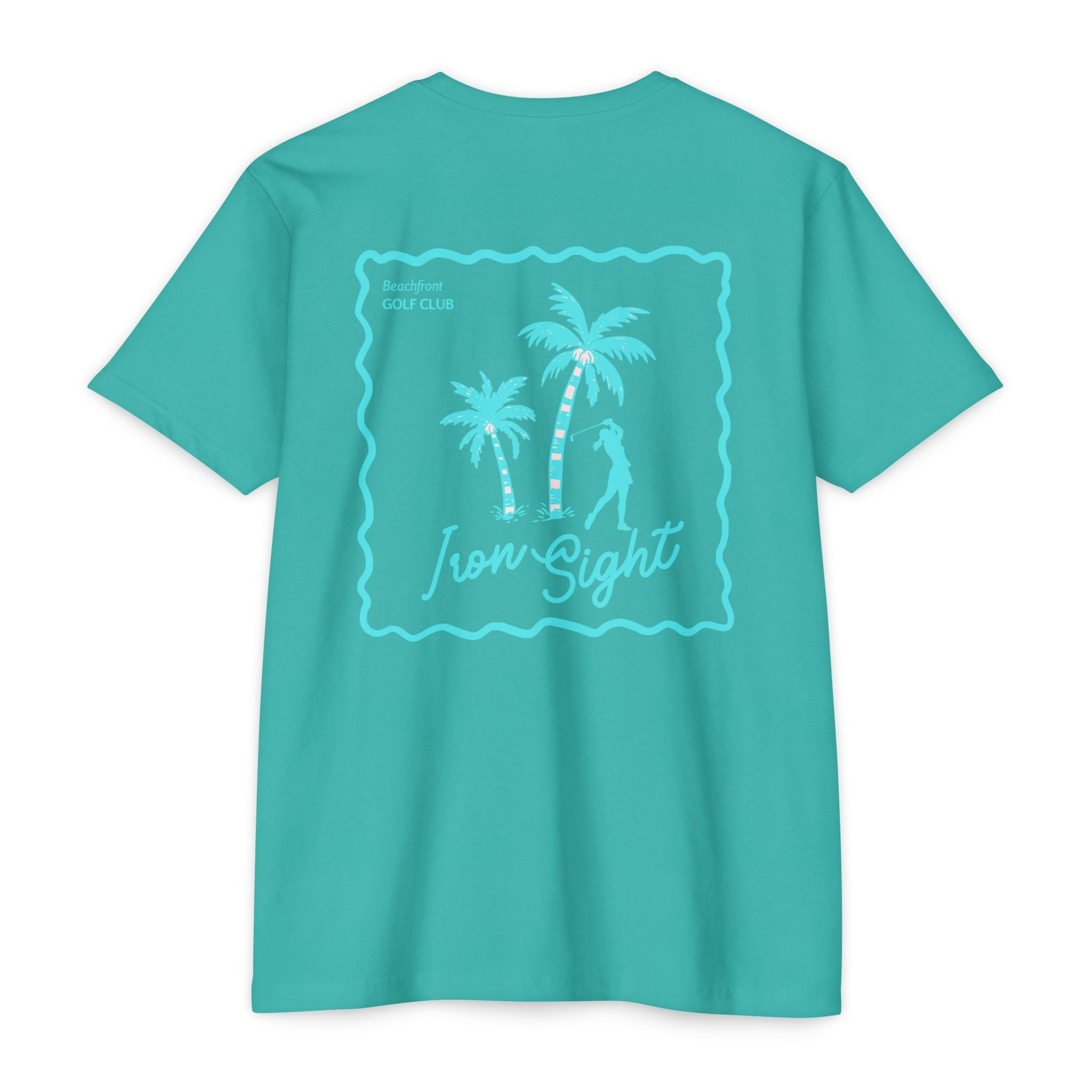 Beachfront Golf Club Stamp T-Shirt with Female Golfer Tropical Design - image 4