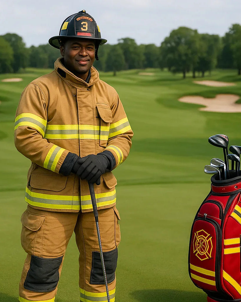 Firefighter in uniform holding golf club on golf course with firefighter-themed golf bag