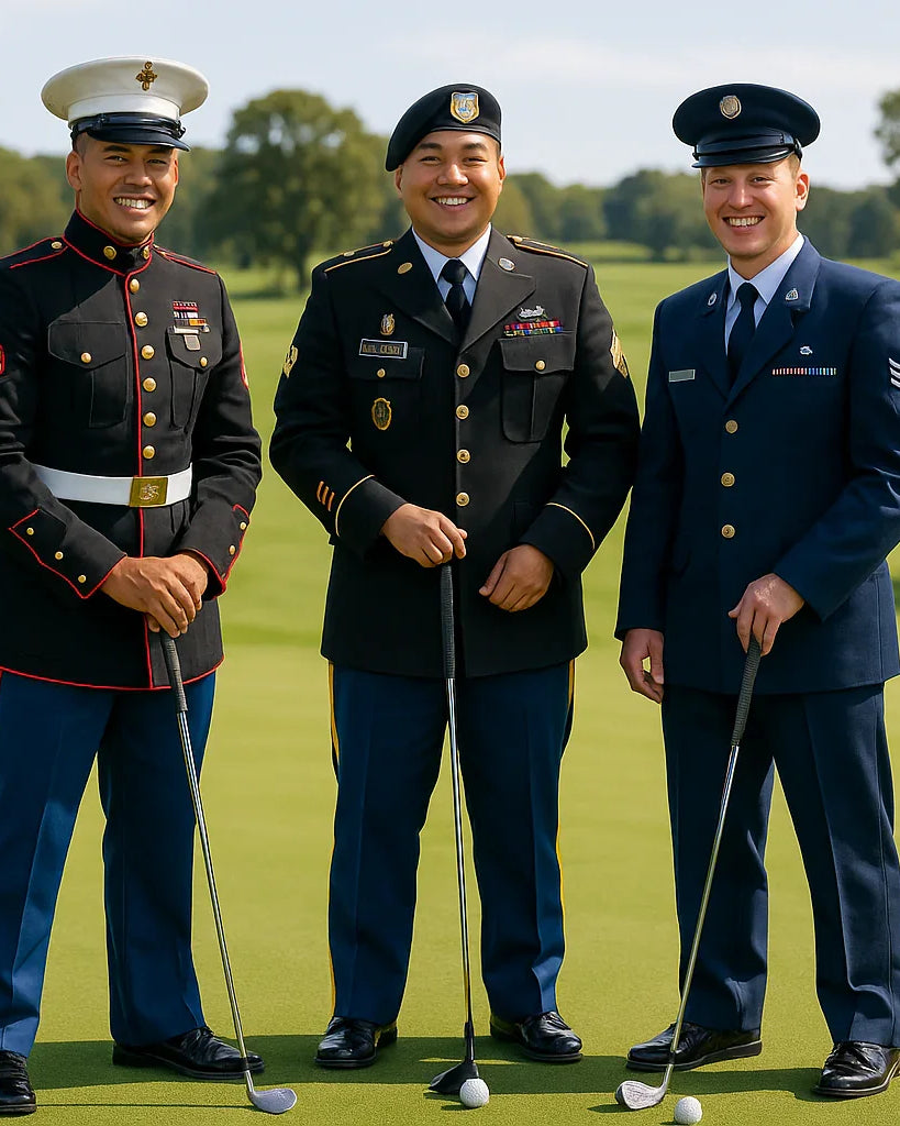 Three men in military uniforms holding golf clubs on a golf course, smiling together