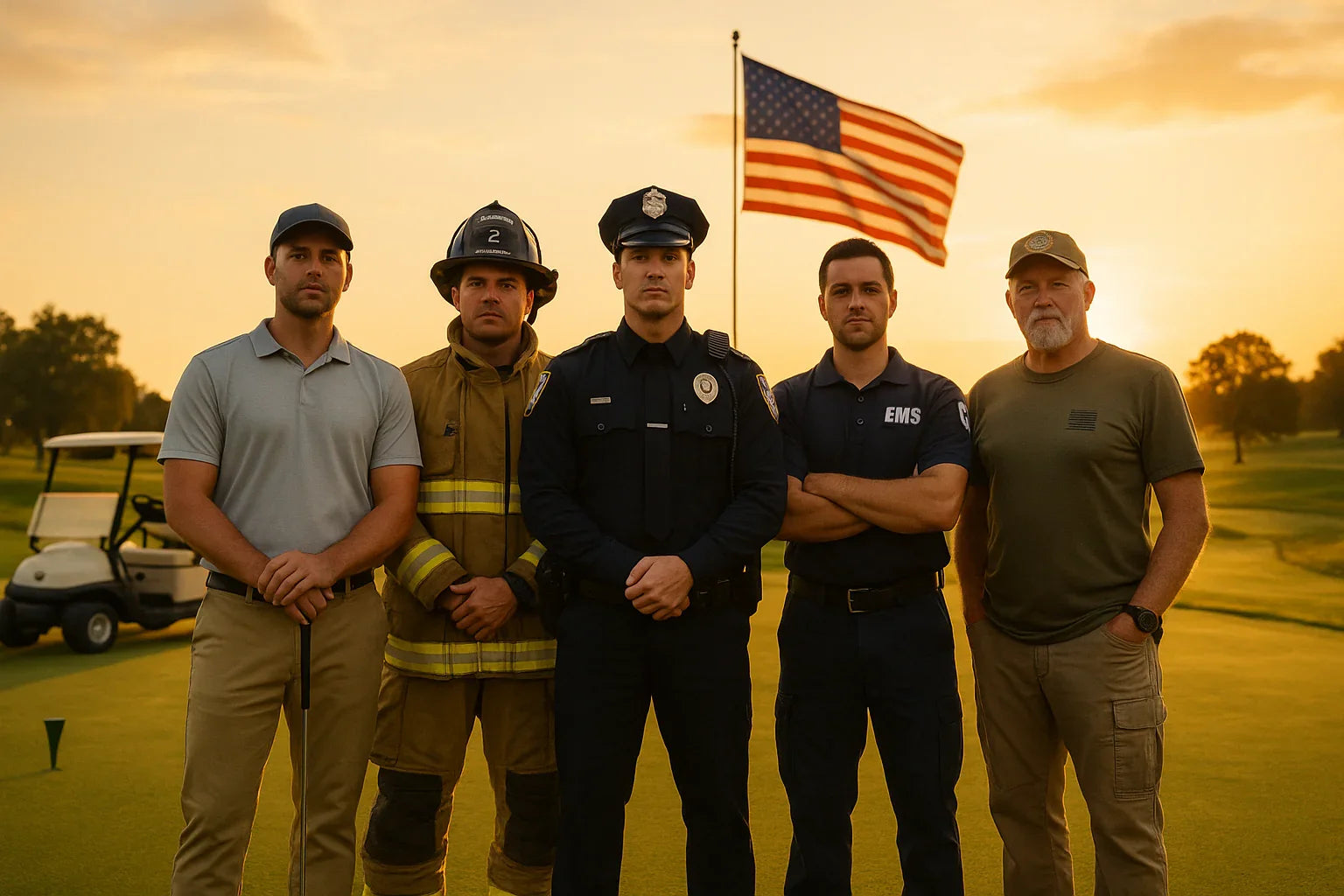 Golfers, first responders, and veteran standing united on golf course at sunset with US flag