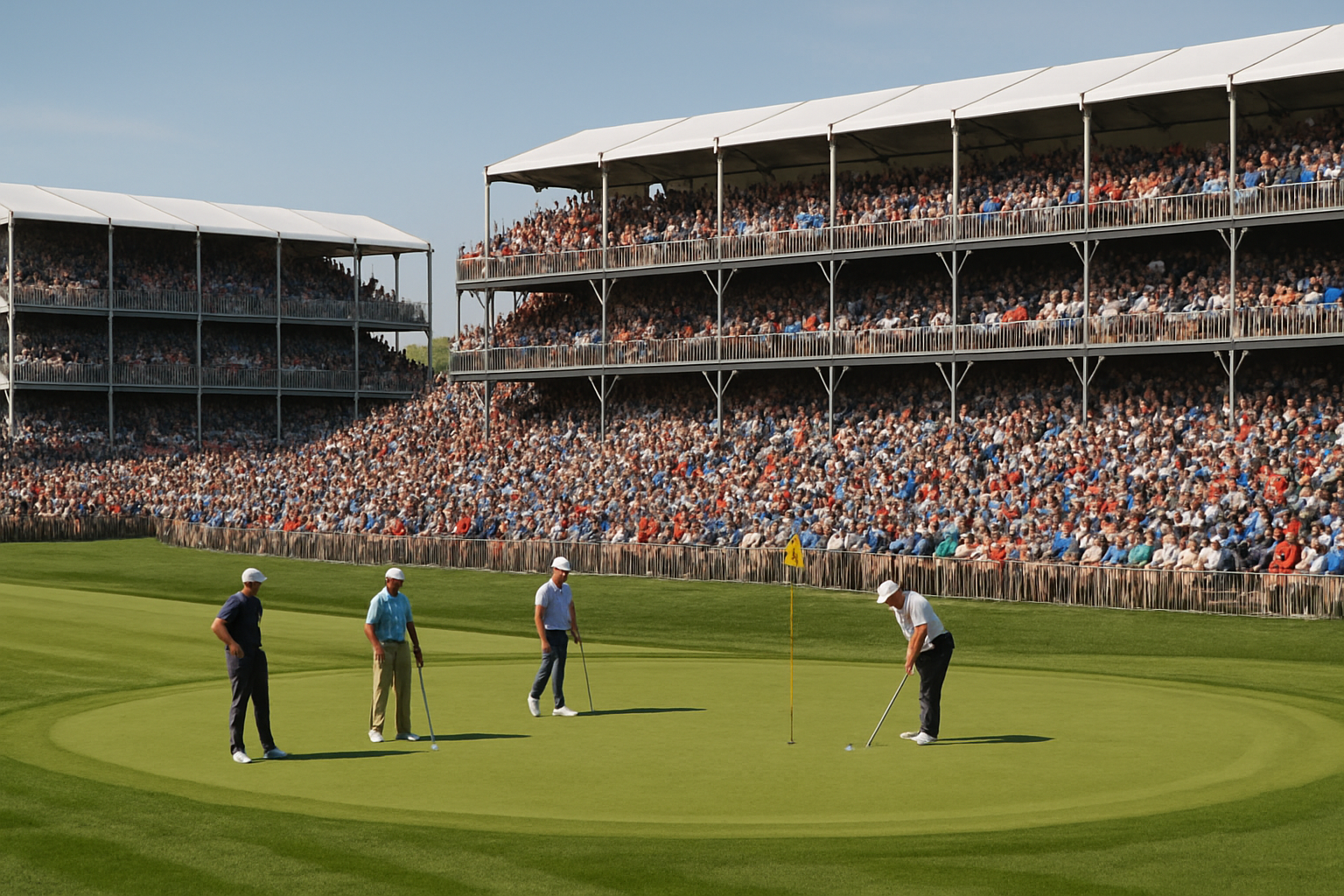create an image that shows a golf tournament with large stands with crowds.