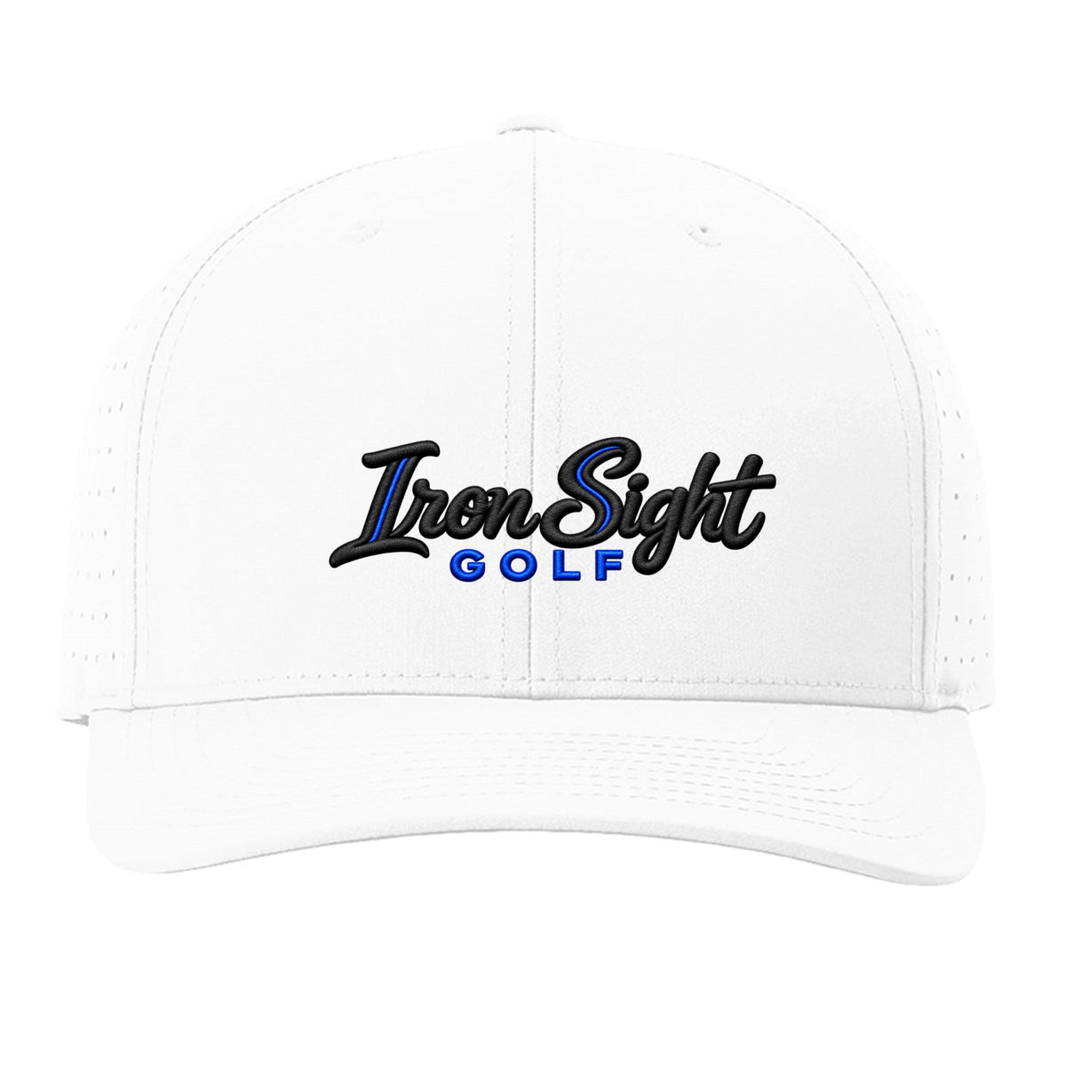 ISG Script Richardson 632 snapback golf hat in White – front view