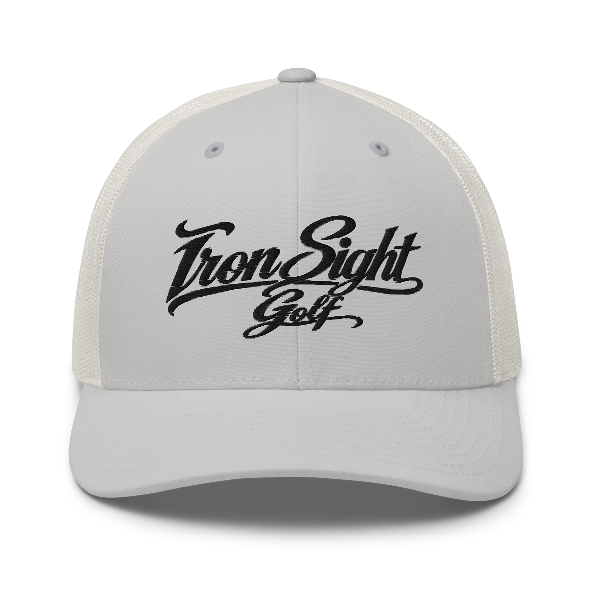 Iron Sight Golf black embroidered trucker hat in silver - front view