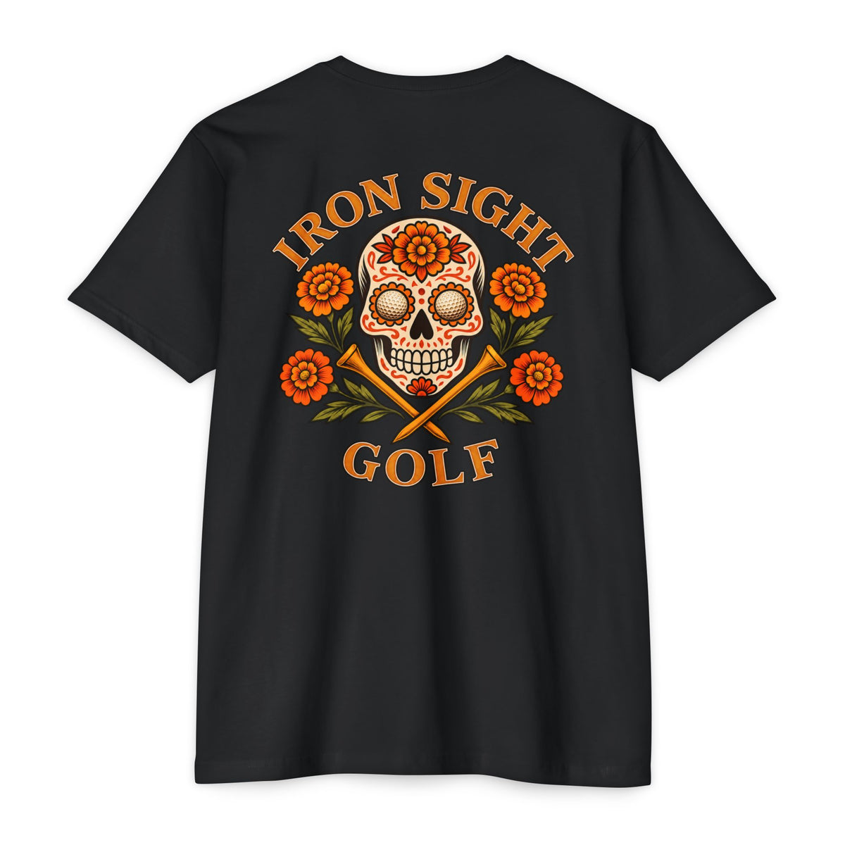 Iron Sight Golf Dia De Los Muertos golf T-shirt with sugar skull and golf club artwork