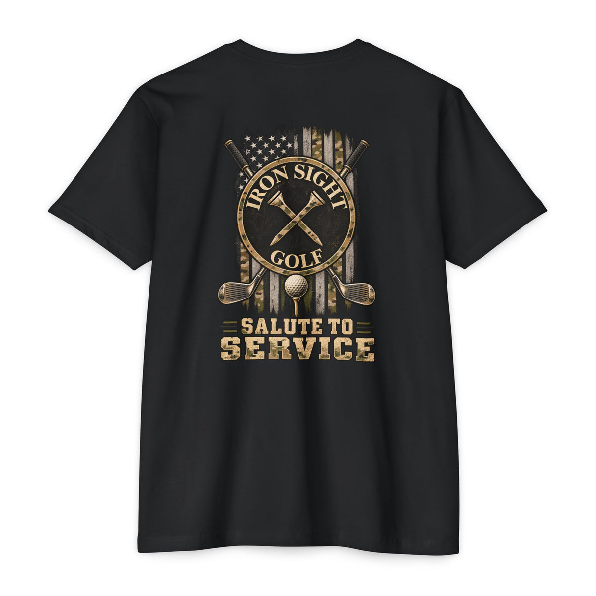 Iron Sight Golf Salute to Service T-shirt with military-inspired golf graphics