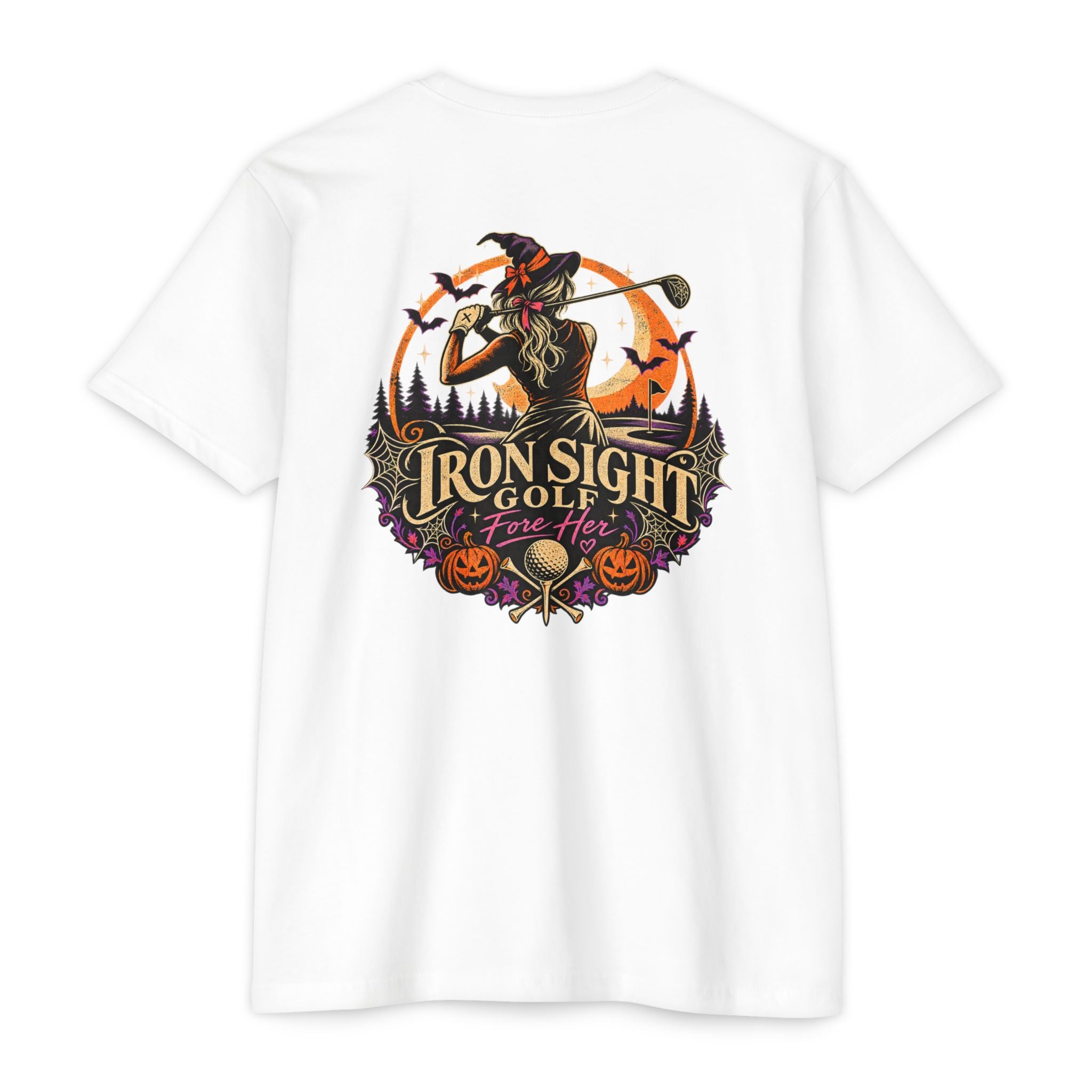 Trick or Tee Halloween golf T-shirt with witch and pumpkin graphic
