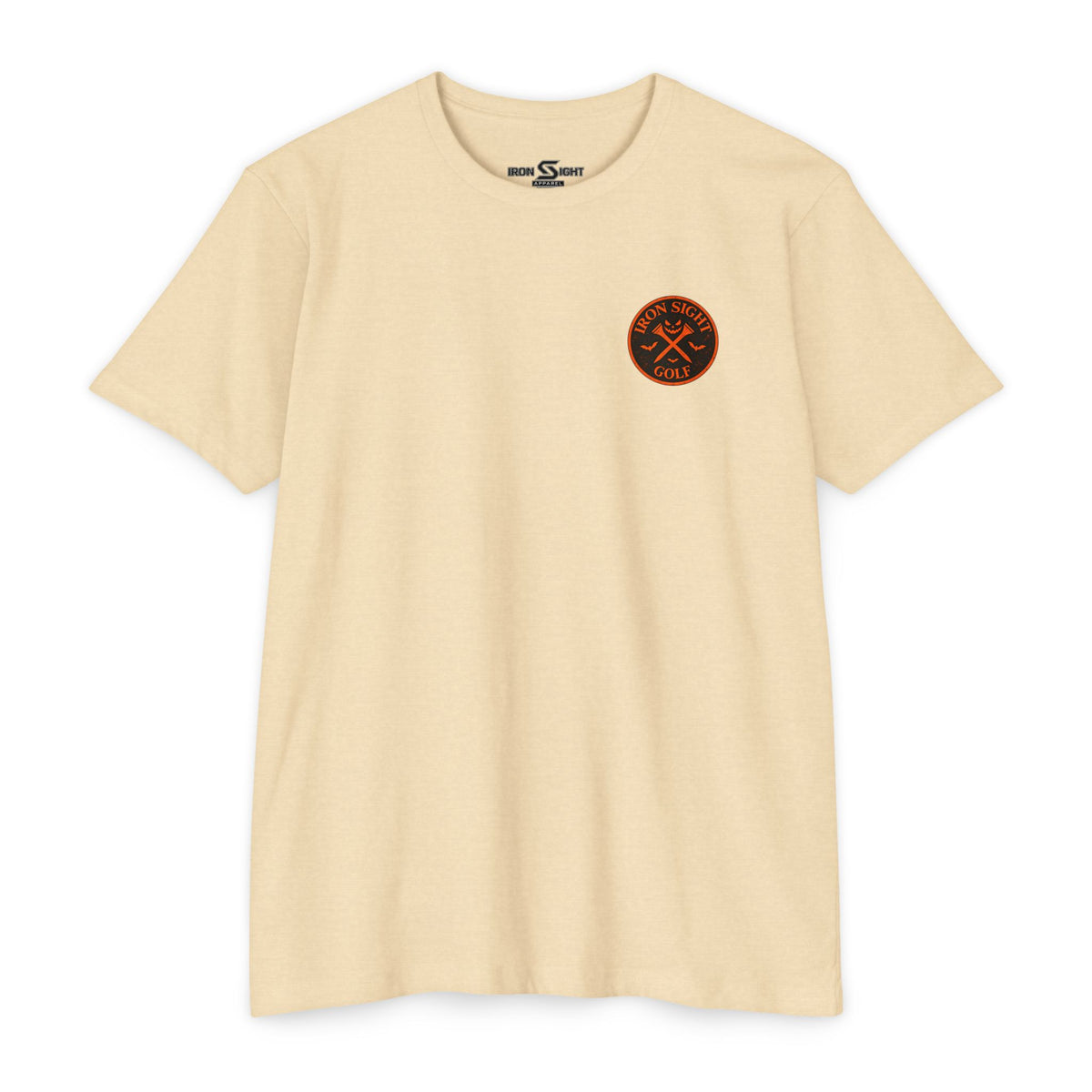Dead Aim Skeleton Halloween golf T-shirt with orange moon graphic