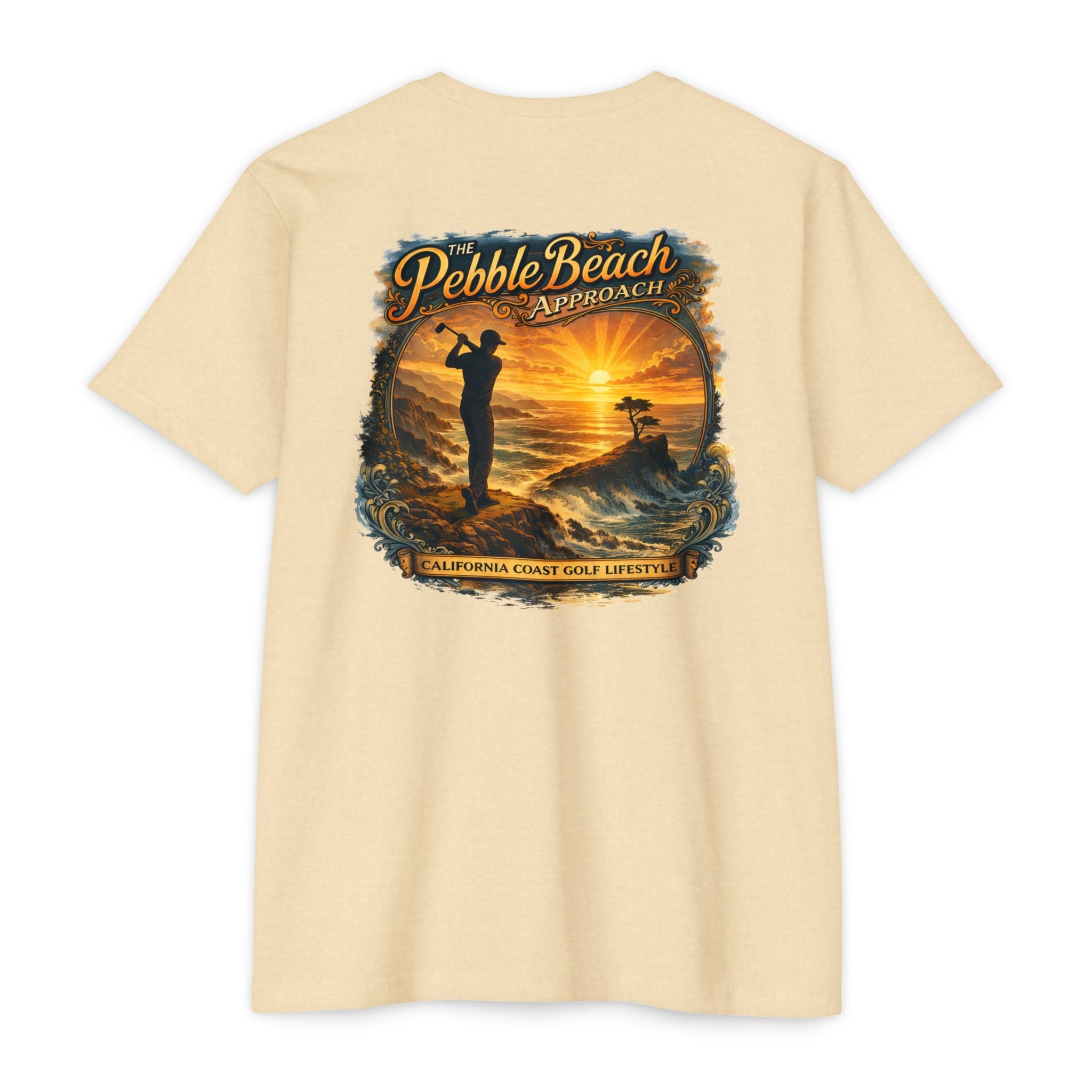 Pebble Beach Approach California coast golf lifestyle T-shirt by Iron Sight Golf