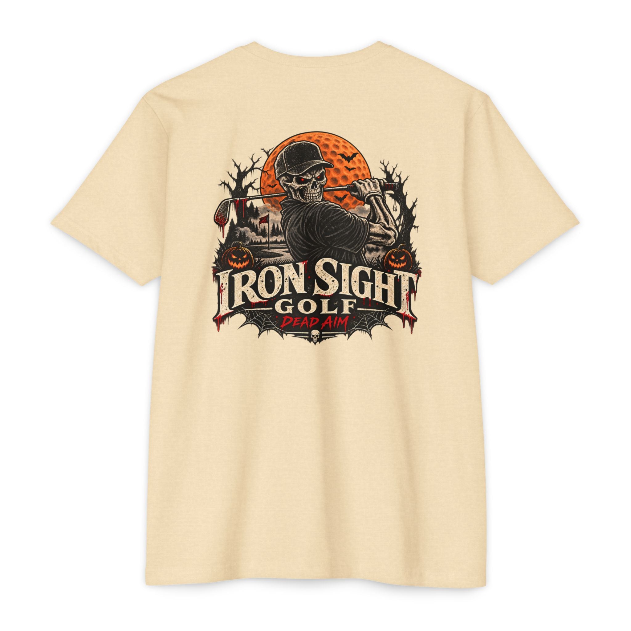 Dead Aim Skeleton Halloween golf T-shirt with orange moon graphic