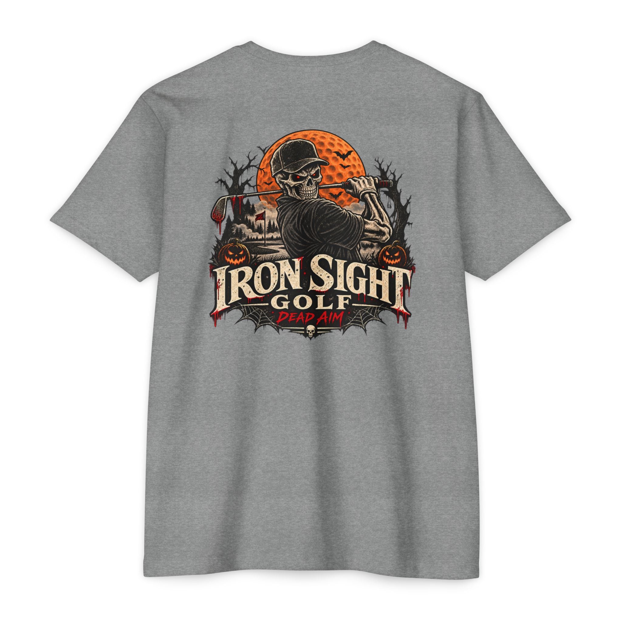 Dead Aim Skeleton Halloween golf T-shirt with orange moon graphic