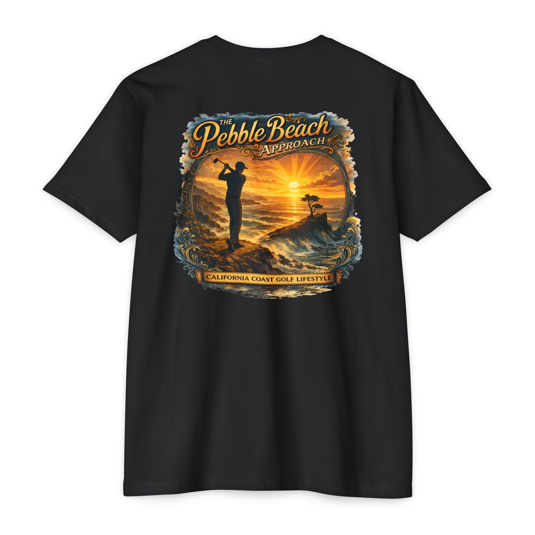 Pebble Beach Approach California coast golf lifestyle T-shirt by Iron Sight Golf