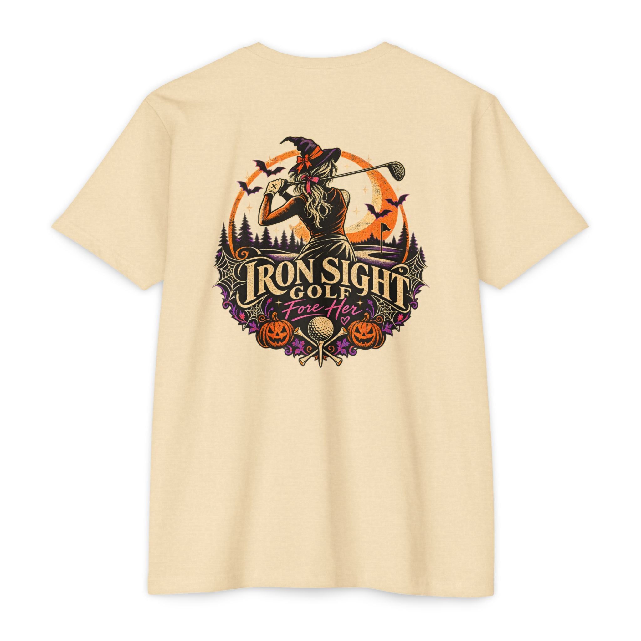 Trick or Tee Halloween golf T-shirt with witch and pumpkin graphic