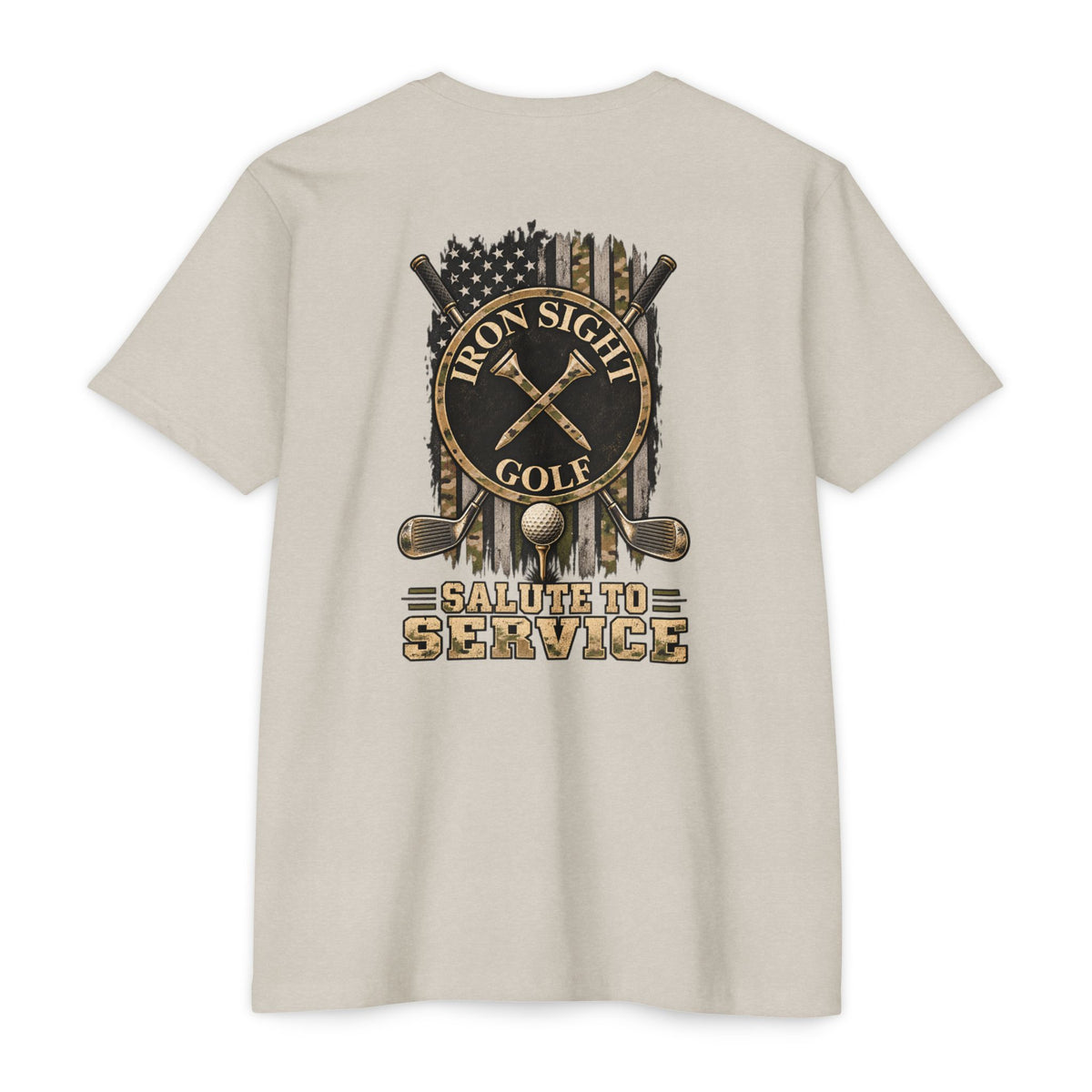 Iron Sight Golf Salute to Service T-shirt with military-inspired golf graphics