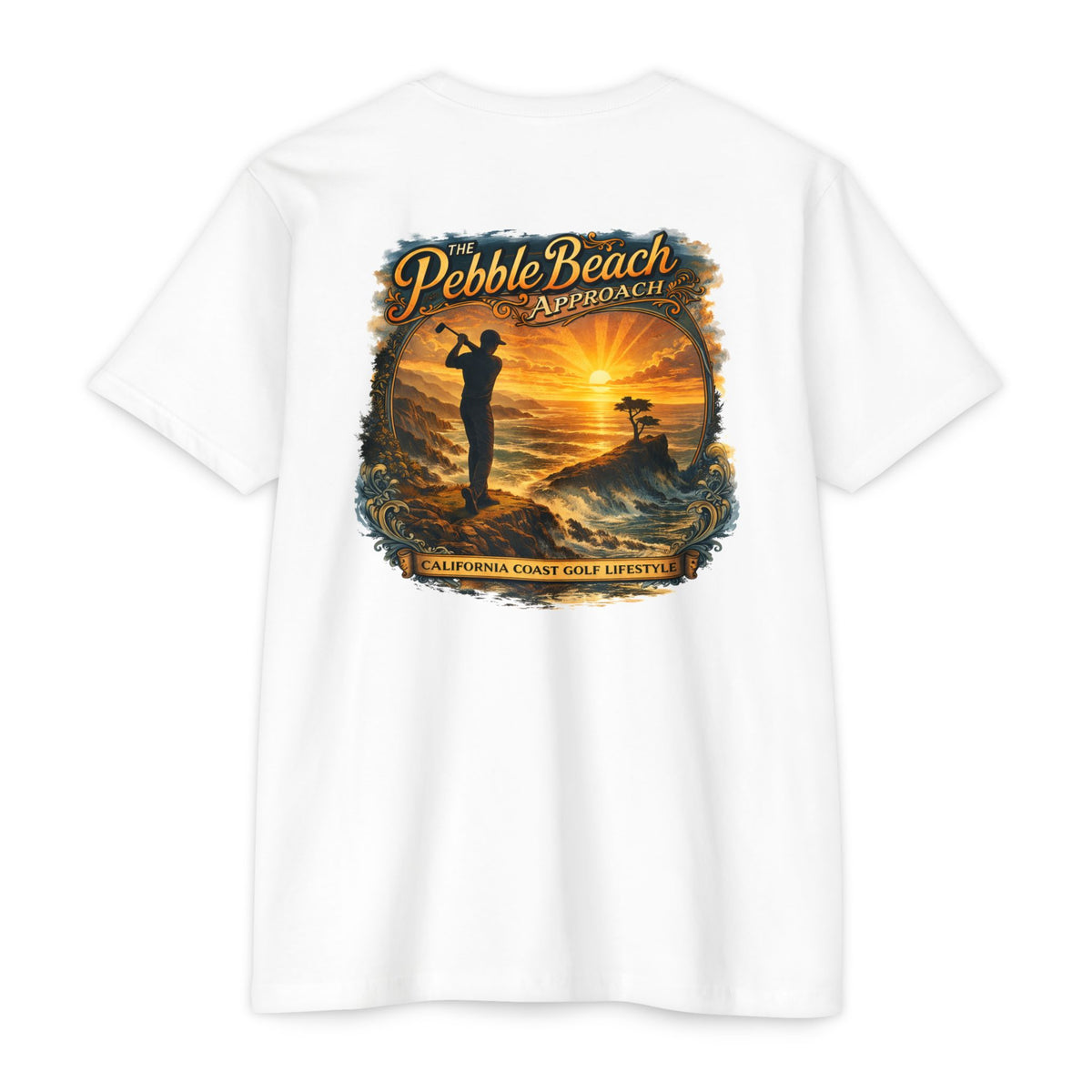 Pebble Beach Approach California coast golf lifestyle T-shirt by Iron Sight Golf