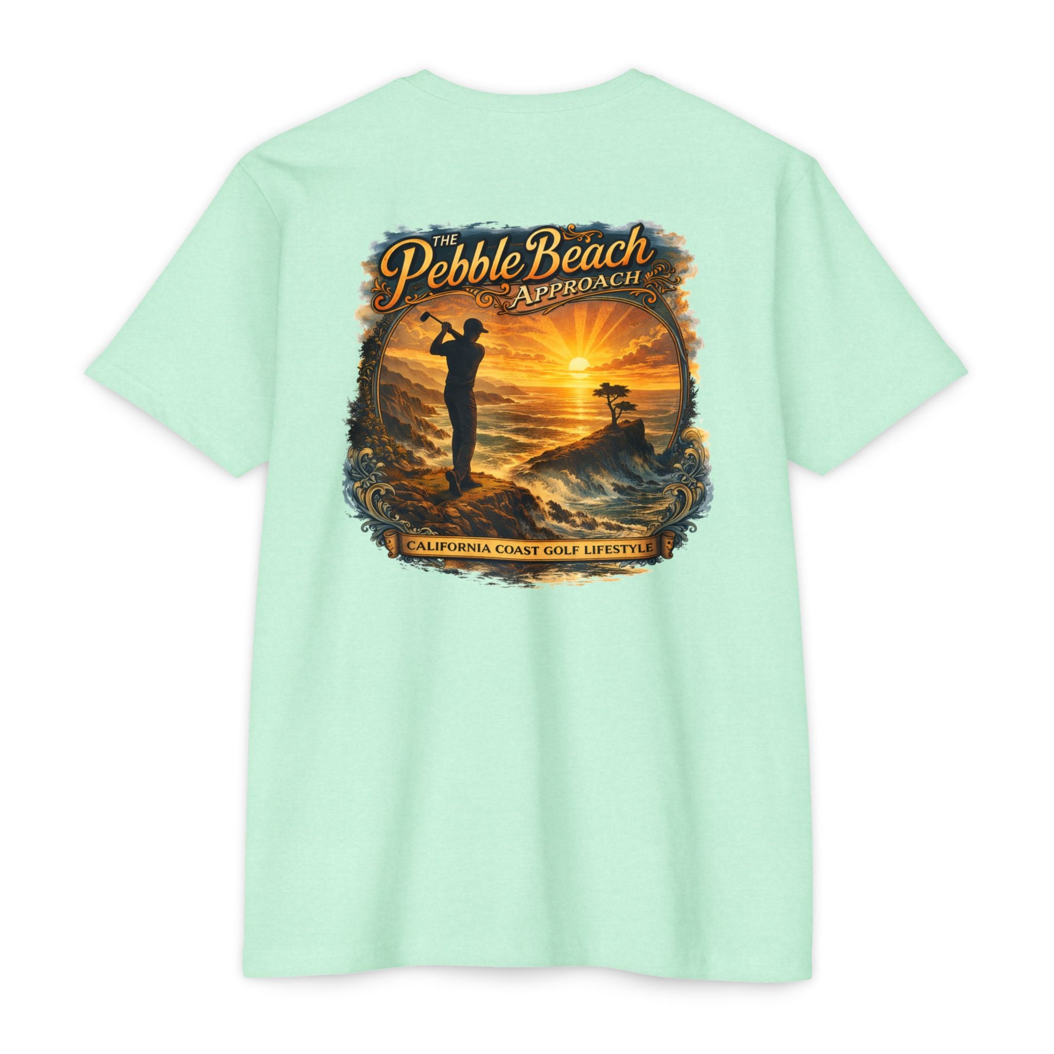Pebble Beach Approach California coast golf lifestyle T-shirt by Iron Sight Golf