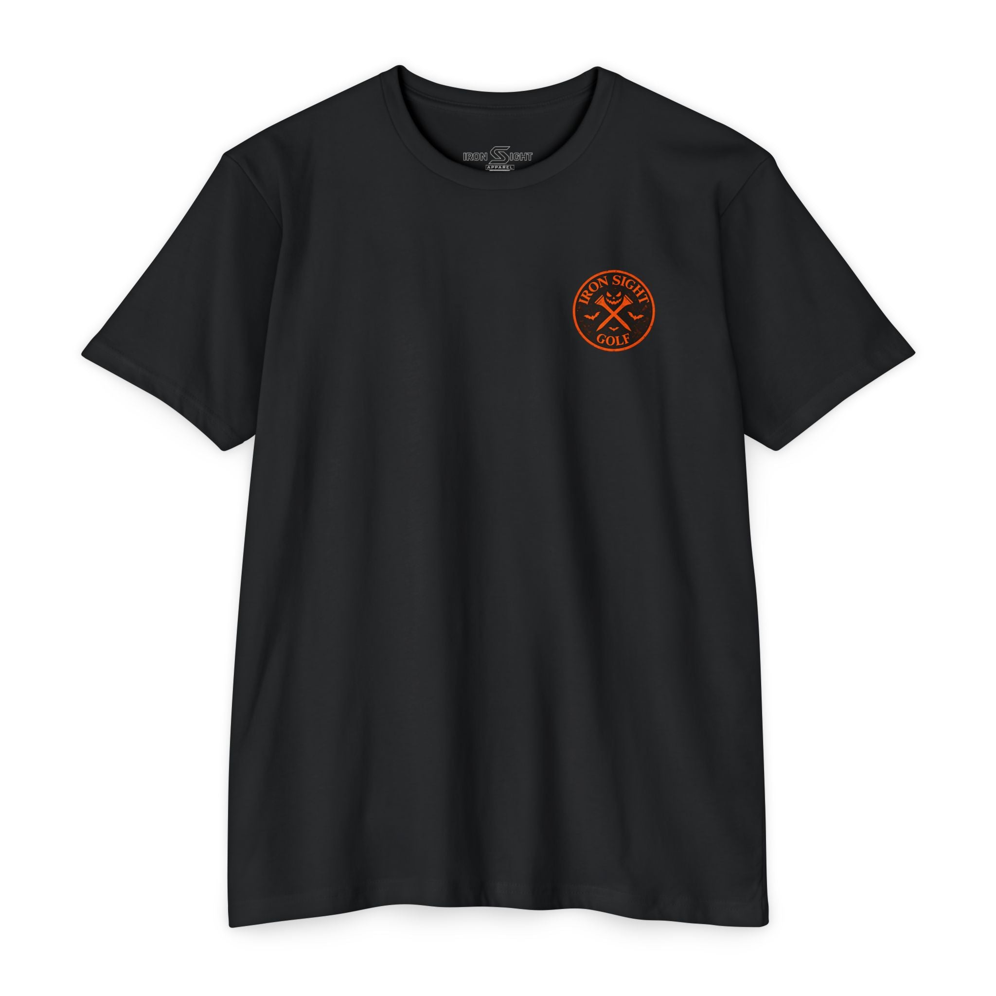 Dead Aim Skeleton Halloween golf T-shirt with orange moon graphic