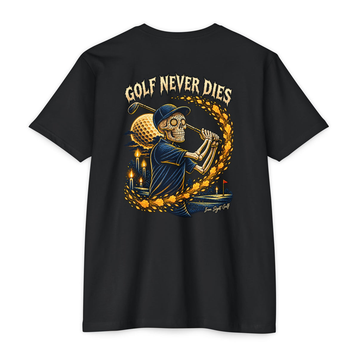 Golf Never Dies skull golfer graphic T-shirt by Iron Sight Golf