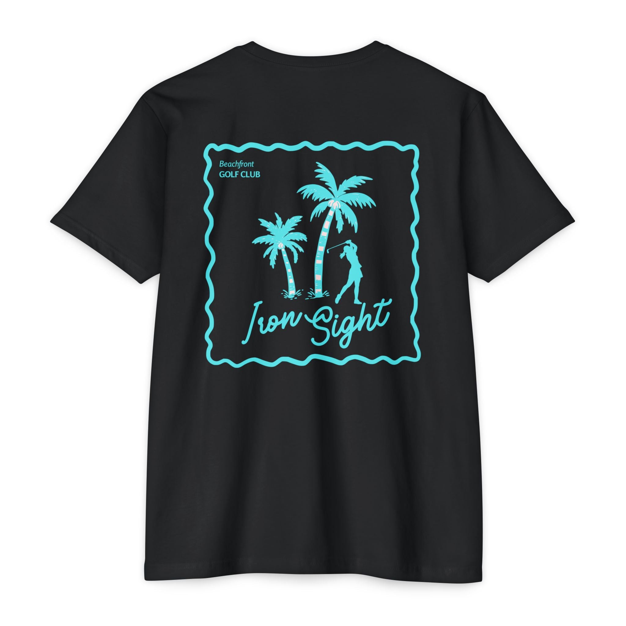 Beachfront Golf Club Stamp T-Shirt with Female Golfer Tropical Design - image 1
