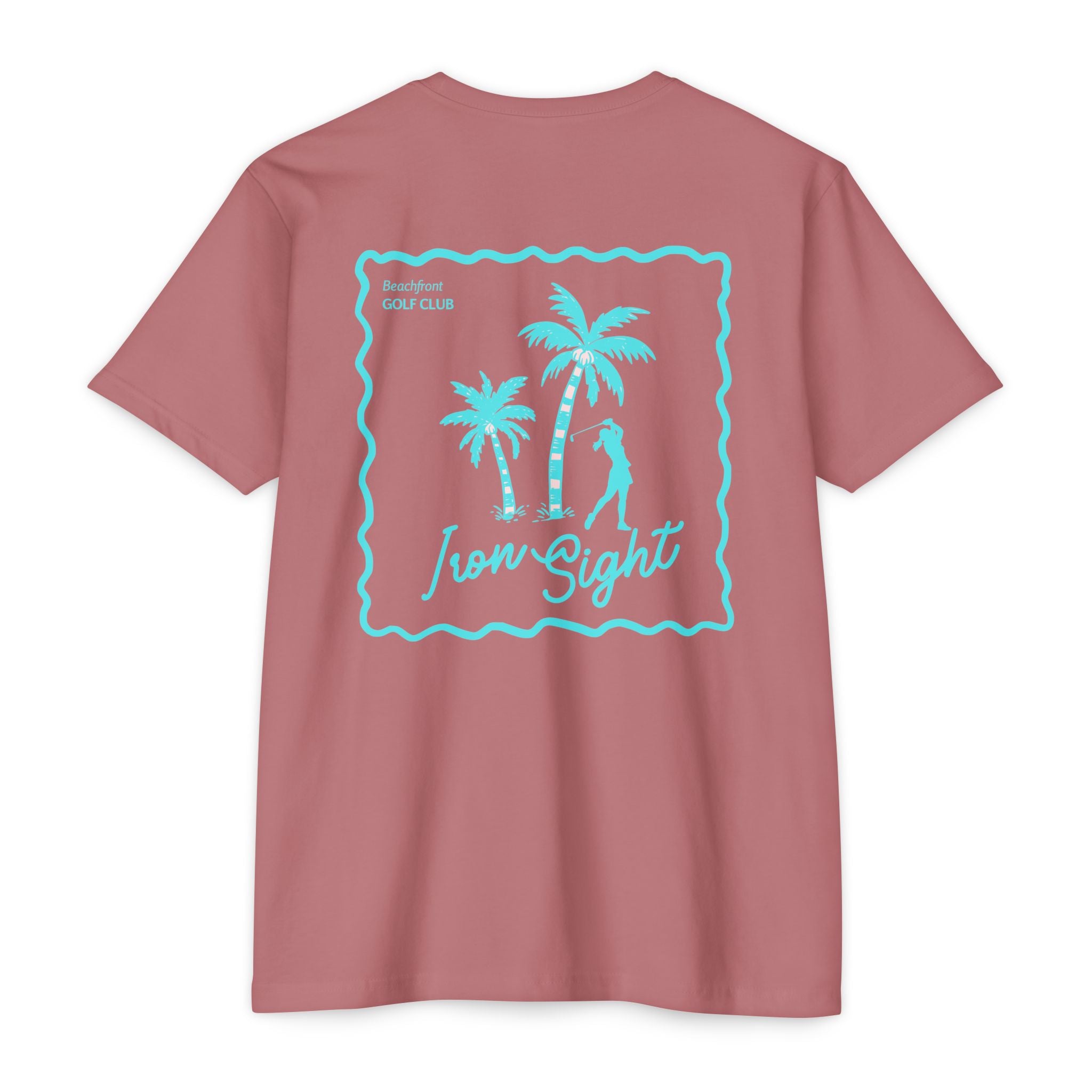 Beachfront Golf Club Stamp T-Shirt with Female Golfer Tropical Design - image 2