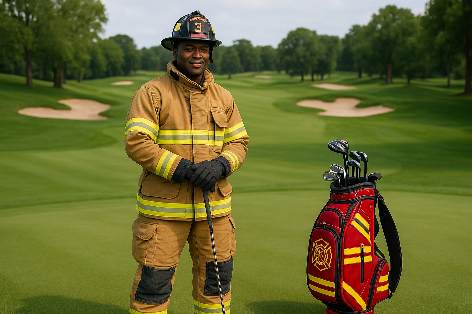 create a firefighter on a golf course holding a golf club and having a firefighter golf bag next to him. make the firefighter an african american man