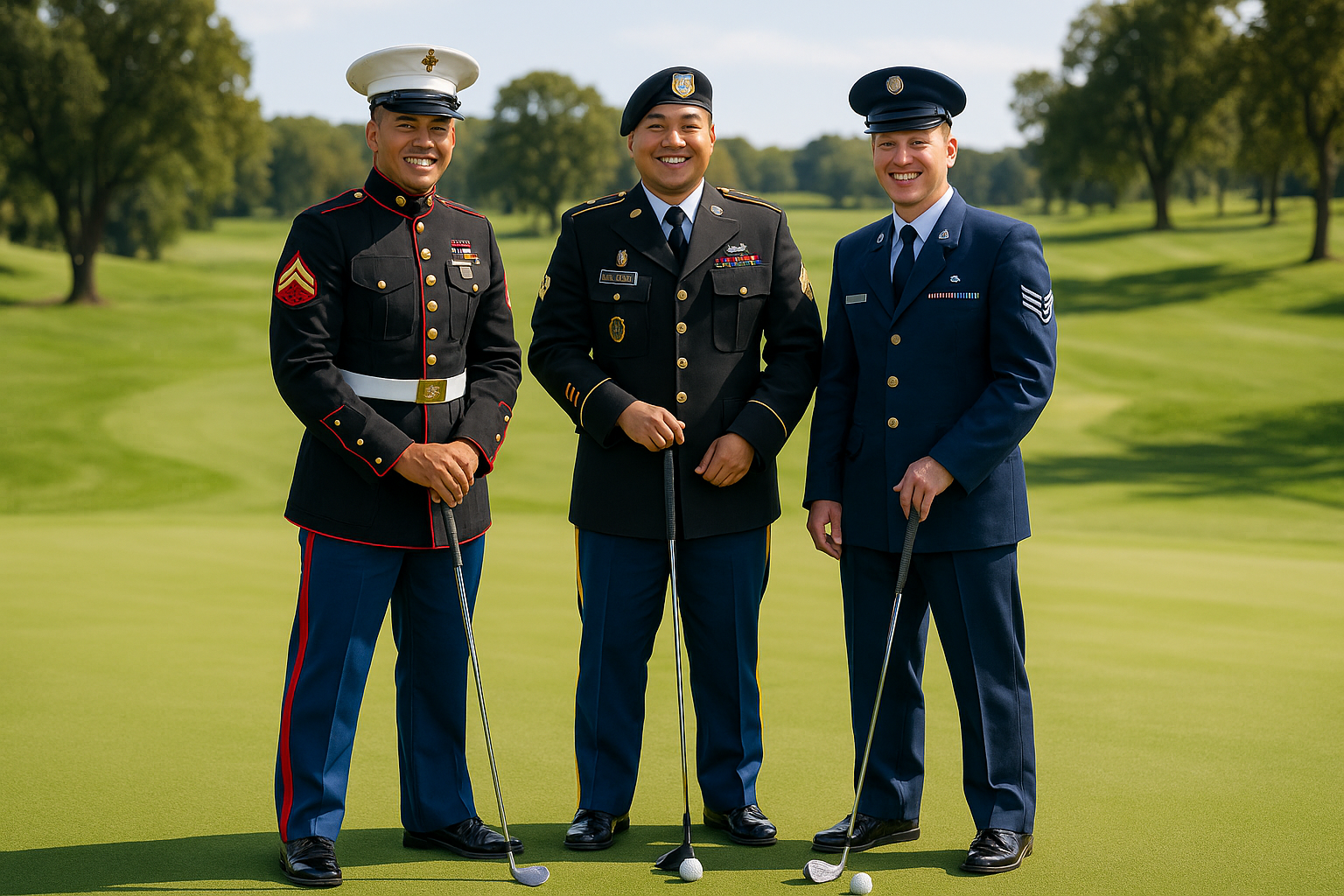 create a photo of a hispanic man in a marine uniform, a asian man in a army uniform, a white man in an air force uniform, all on a golf course holding golf clubs or golf balls