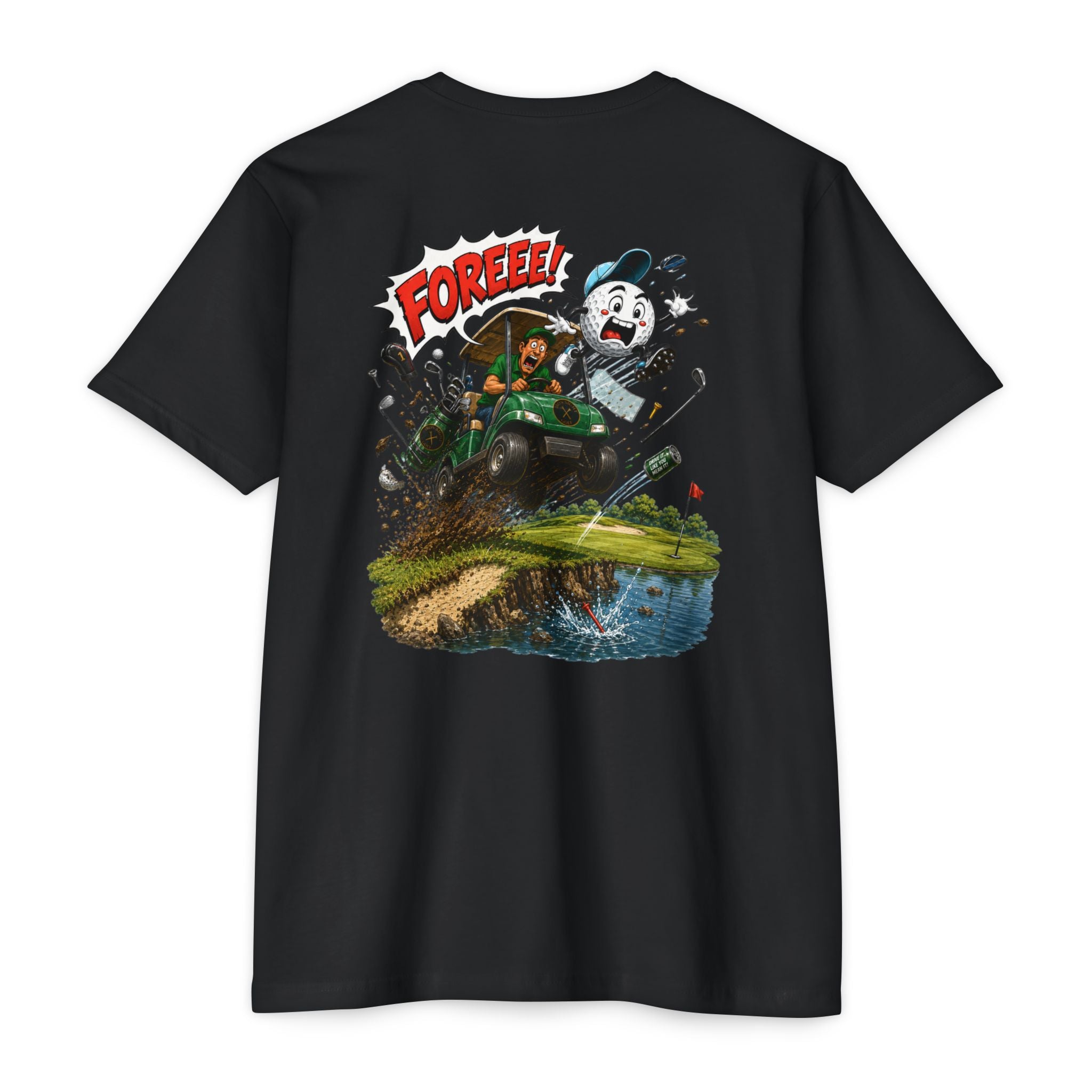 Golf Cart Crash Fore Retro Cartoon Golf T-Shirt - image 1