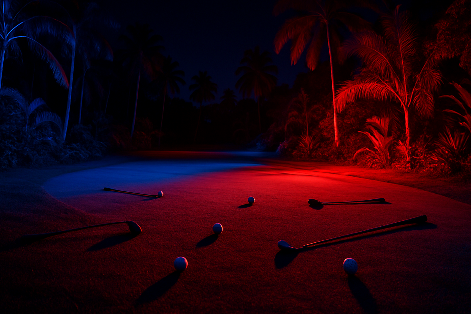 i would like to show a tropical golf course at night that is illuminated by a red and blue police light. You can see several golf balls and clubs lying on the ground