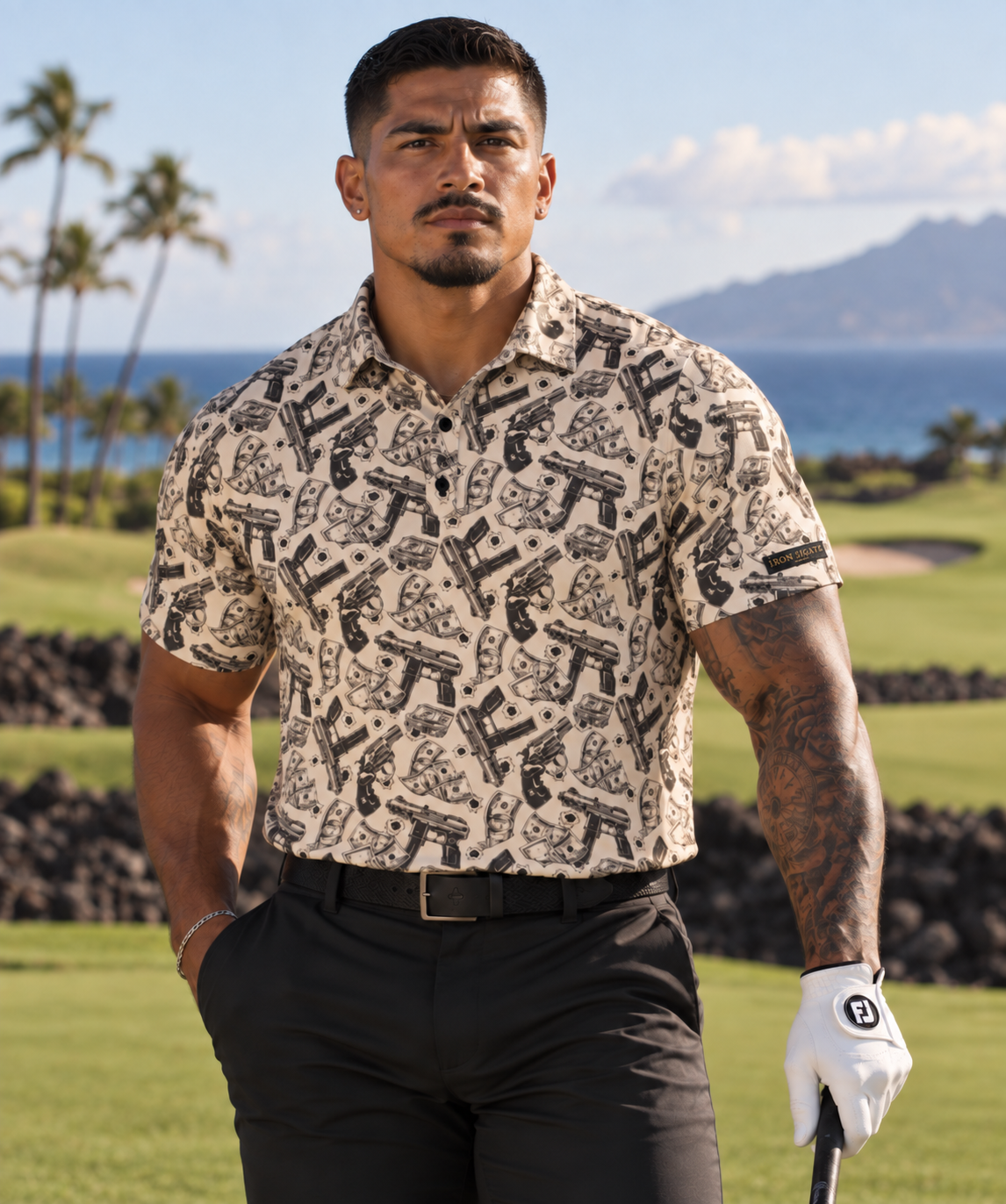 Model wearing The Al Capone men's premium golf polo by Iron Sight Golf