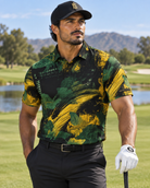 Model wearing the Frozen Tundra men's premium golf polo by Iron Sight Golf