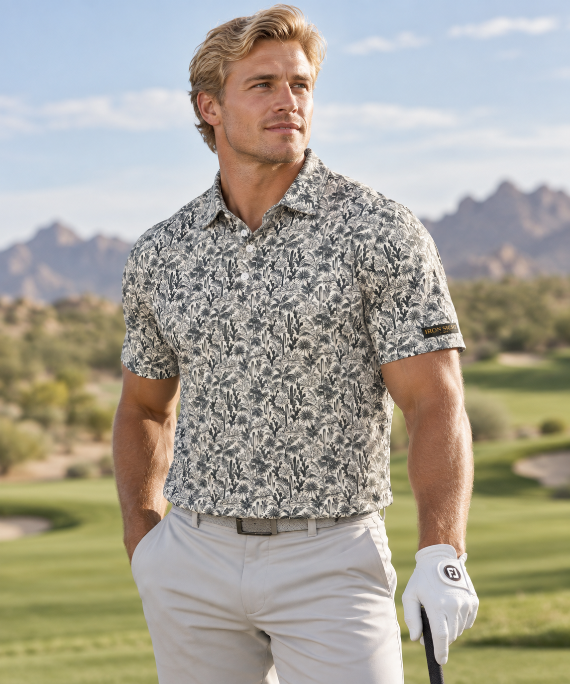Model wearing the Mojave Mist men's premium golf polo by Iron Sight Golf