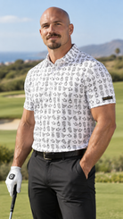 Model wearing the Talk to the Glove men's premium golf polo by Iron Sight Golf