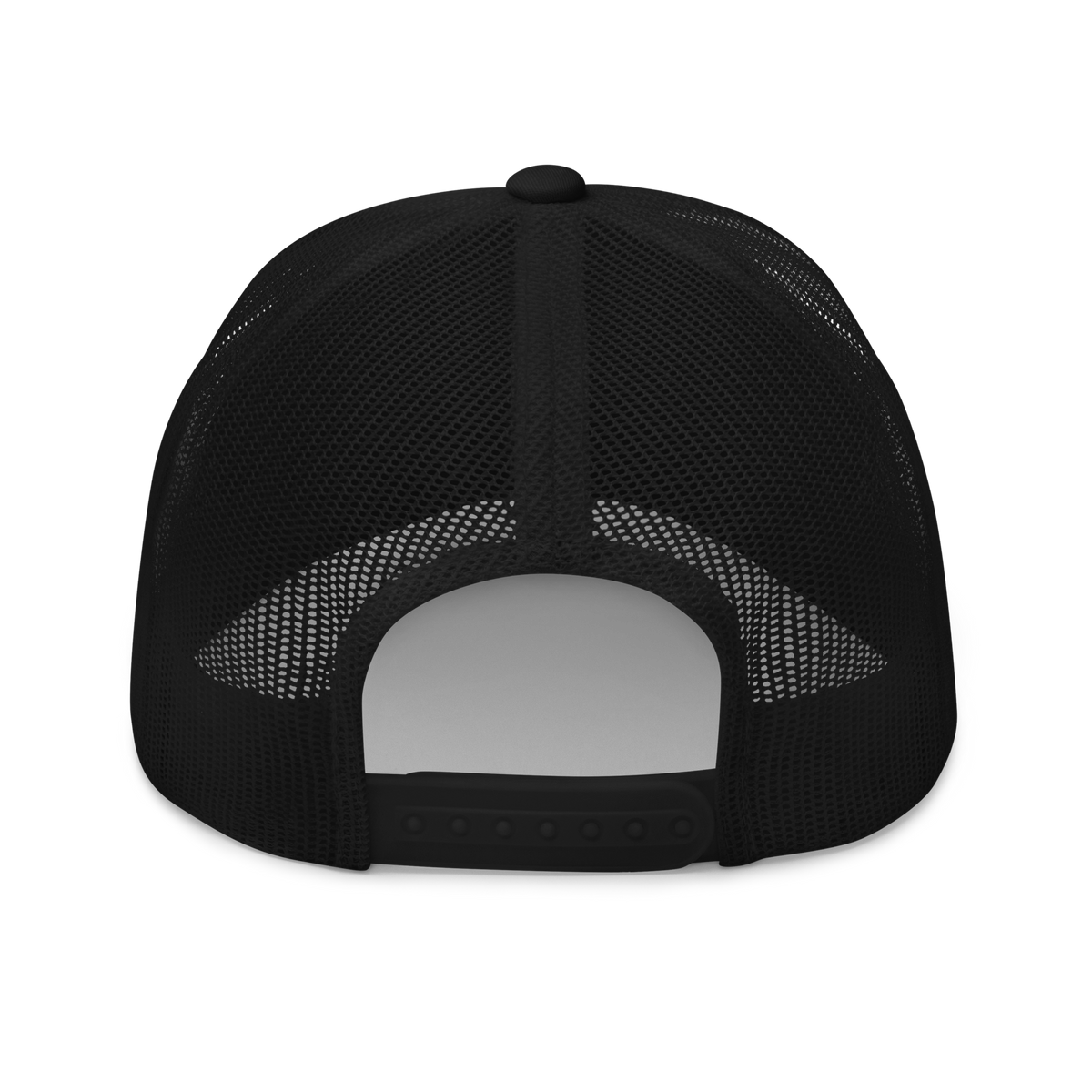Iron Sight Golf white embroidered trucker hat in black - back view