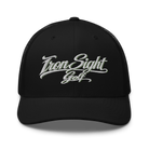 Iron Sight Golf white embroidered trucker hat in black - front view