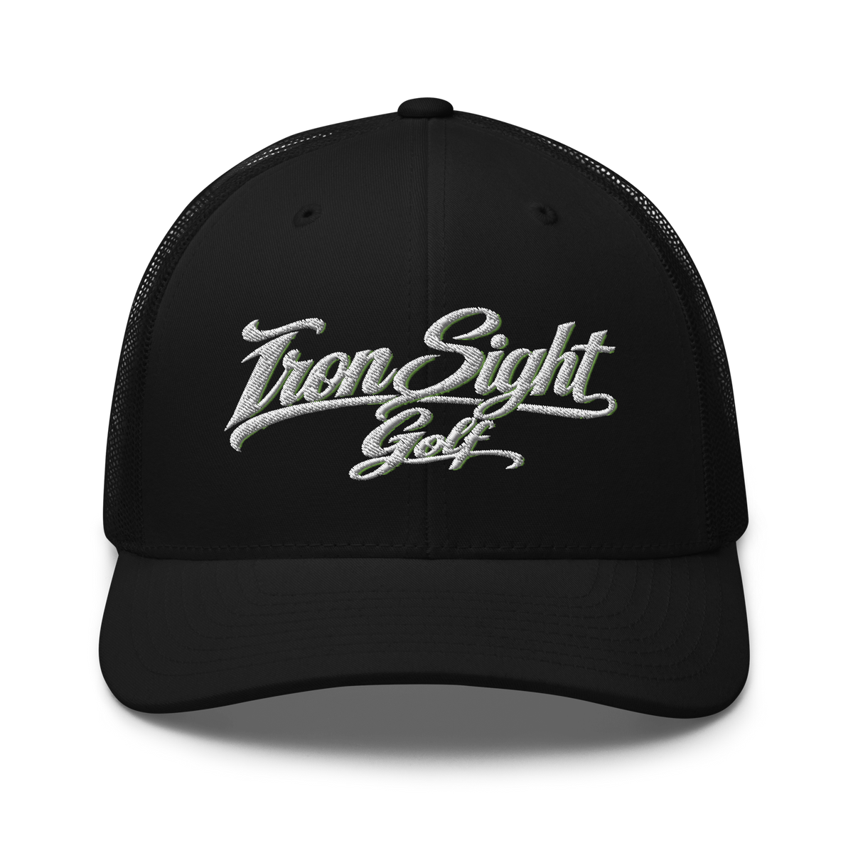 Iron Sight Golf white embroidered trucker hat in black - front view