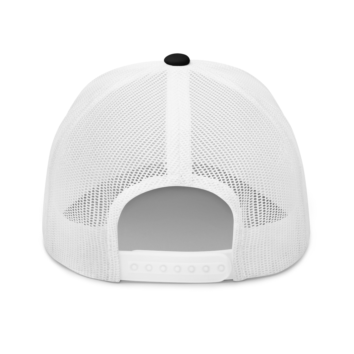Iron Sight Golf white embroidered trucker hat in black and white - back view