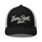 Iron Sight Golf white embroidered trucker hat in black and white - front view